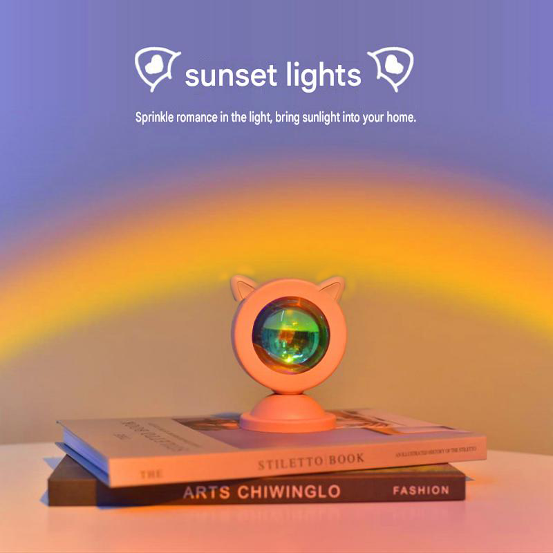 Pink Cat Ear Sunset Projection Lamp and 150x200cm Black Mandala Tapestry Combo - USB Powered ABS Mini Light withPolyester Wall Hanging for Bedroom, Living Room & Photography Ambiance view 2