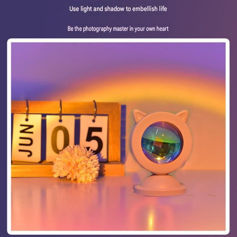 Pink Cat Ear Sunset Projection Lamp and 150x200cm Black Mandala Tapestry Combo - USB Powered ABS Mini Light withPolyester Wall Hanging for Bedroom, Living Room & Photography Ambiance view 3
