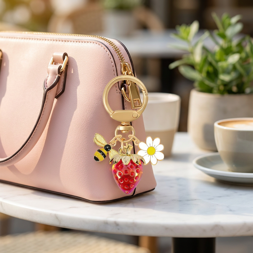 Red Strawberry Bee Daisy Keychain - Gold Metal Ring with Rhinestone Fruit Charm, Cute Bag Accessory for Women and Girls view 2