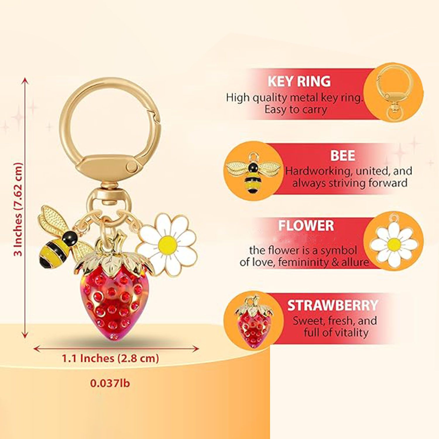 Red Strawberry Bee Daisy Keychain - Gold Metal Ring with Rhinestone Fruit Charm, Cute Bag Accessory for Women and Girls view 3