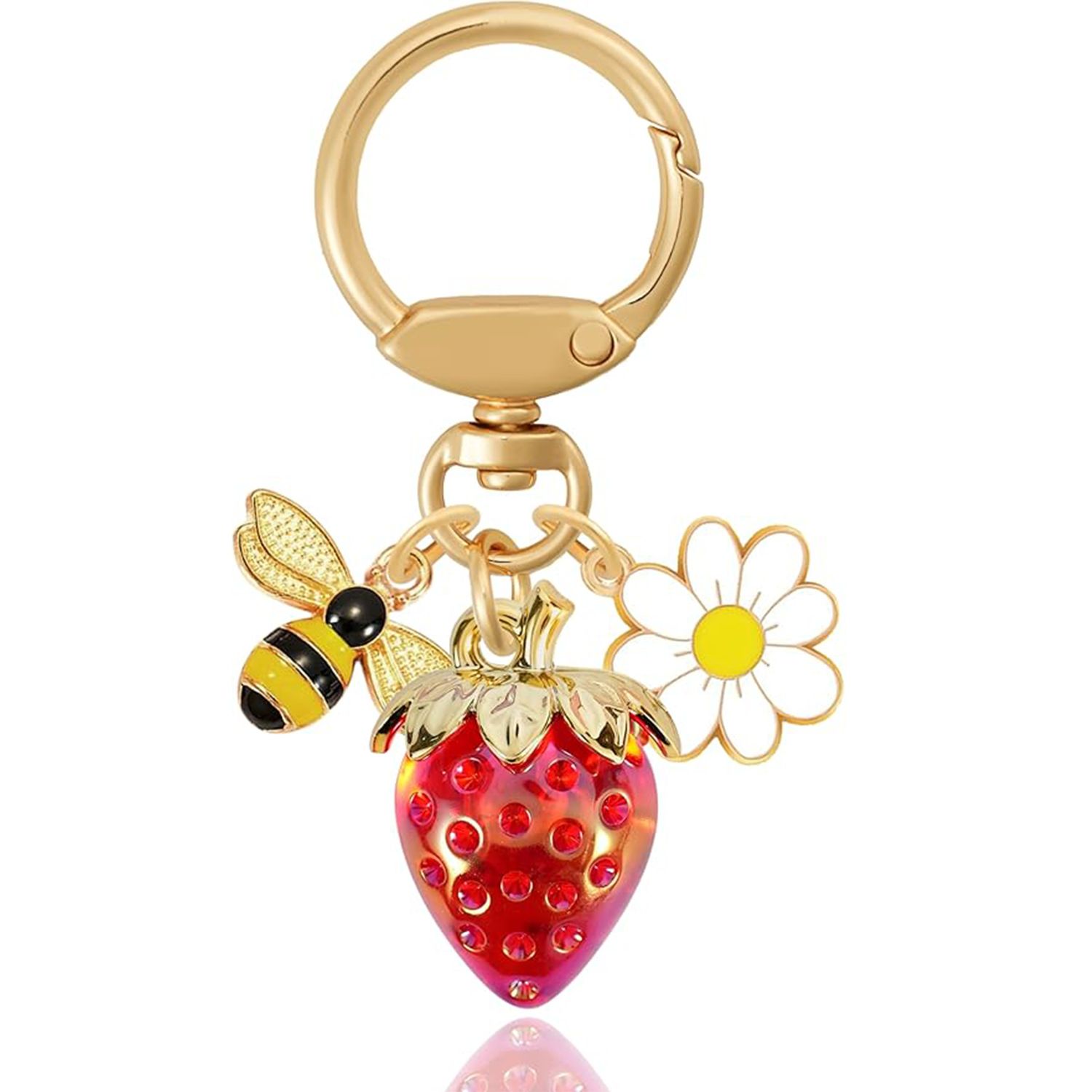 Red Strawberry Bee Daisy Keychain - Gold Metal Ring with Rhinestone Fruit Charm, Cute Bag Accessory for Women and Girls view 4