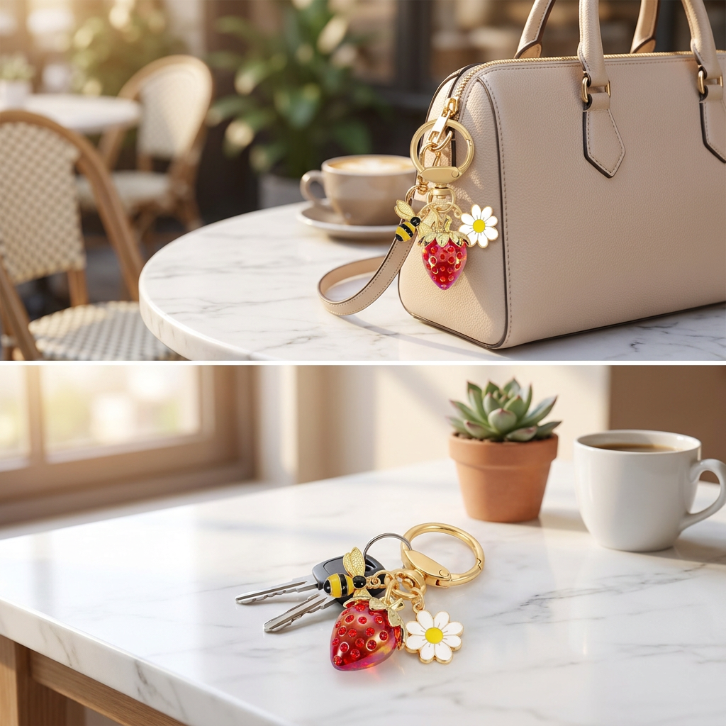 Red Strawberry Bee Daisy Keychain - Gold Metal Ring with Rhinestone Fruit Charm, Cute Bag Accessory for Women and Girls view 5