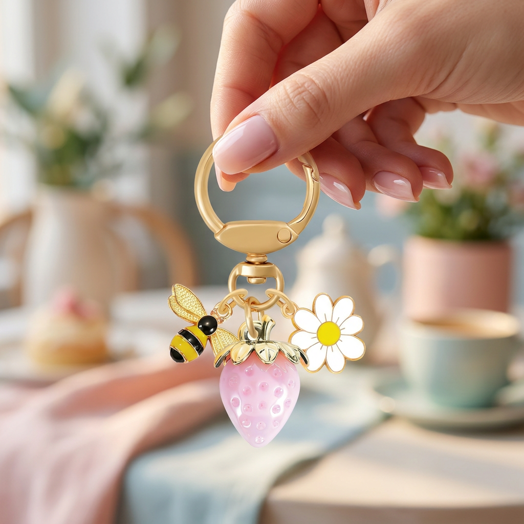 Solid Strawberry & Daisy Keychain view 3
