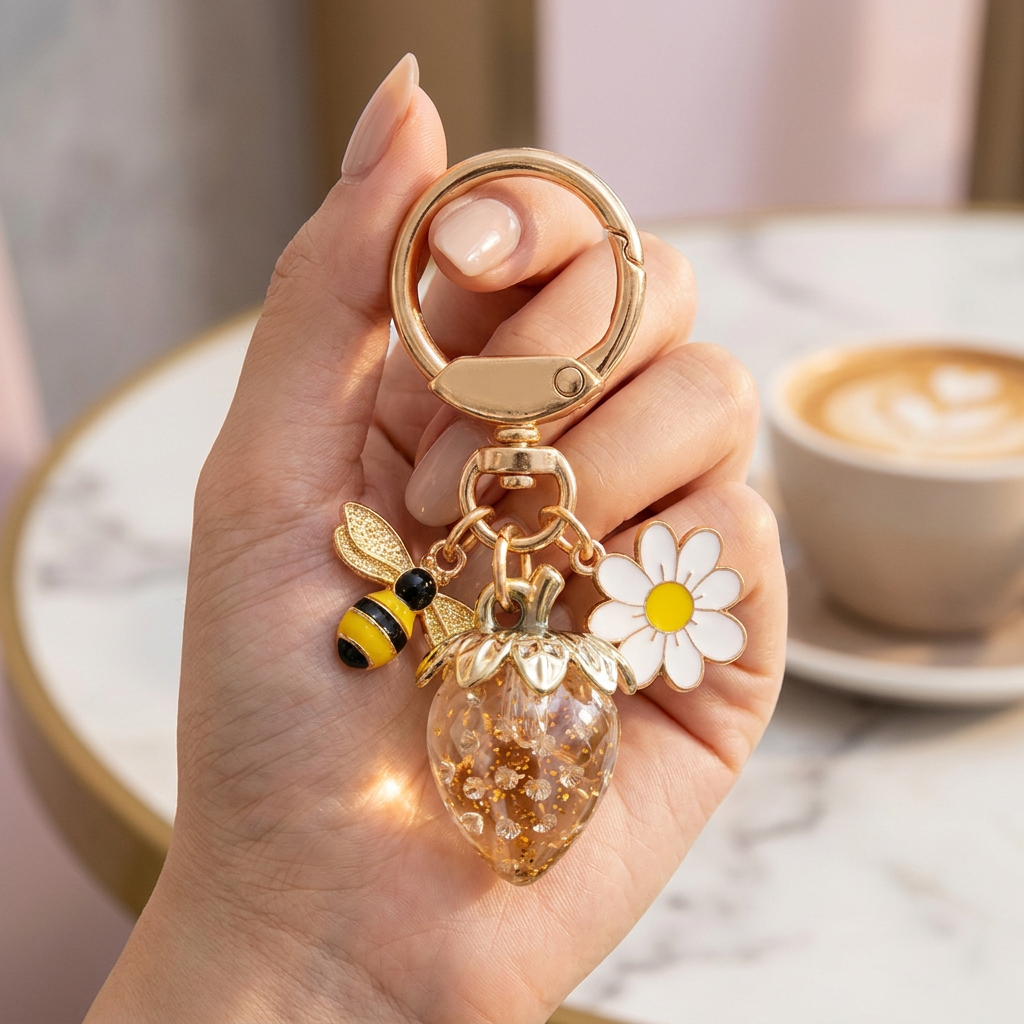 Crystal Strawberry & Daisy Keychain view 6