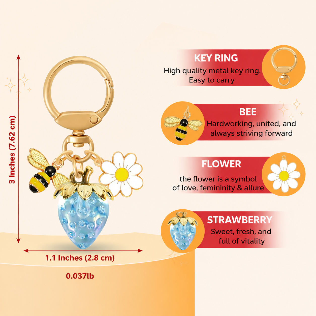 Crystal Strawberry & Daisy Keychain view 5