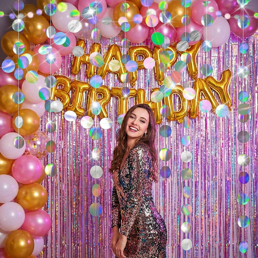 Iridescent Circle Garland 2 Pack 3m Each Holographic Hanging Party Decoration Circular Bunting Streamer Birthday Wedding Event Decor Lightweight Easy Setup view 2