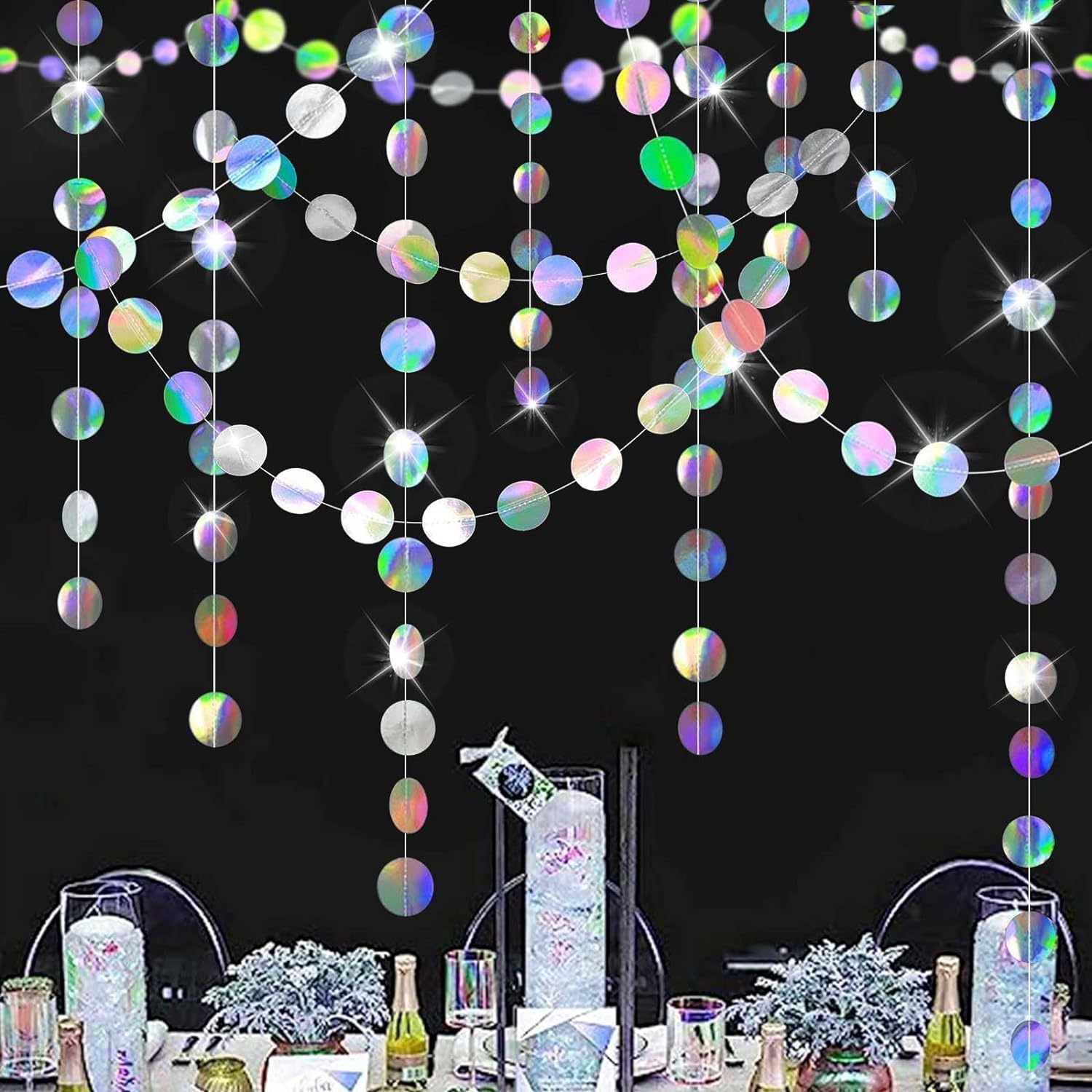 Iridescent Circle Garland 2 Pack 3m Each Holographic Hanging Party Decoration Circular Bunting Streamer Birthday Wedding Event Decor Lightweight Easy Setup view 3