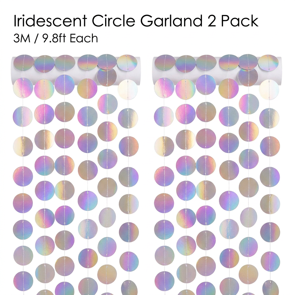 Iridescent Circle Garland 2 Pack 3m Each Holographic Hanging Party Decoration Circular Bunting Streamer Birthday Wedding Event Decor Lightweight Easy Setup view 5