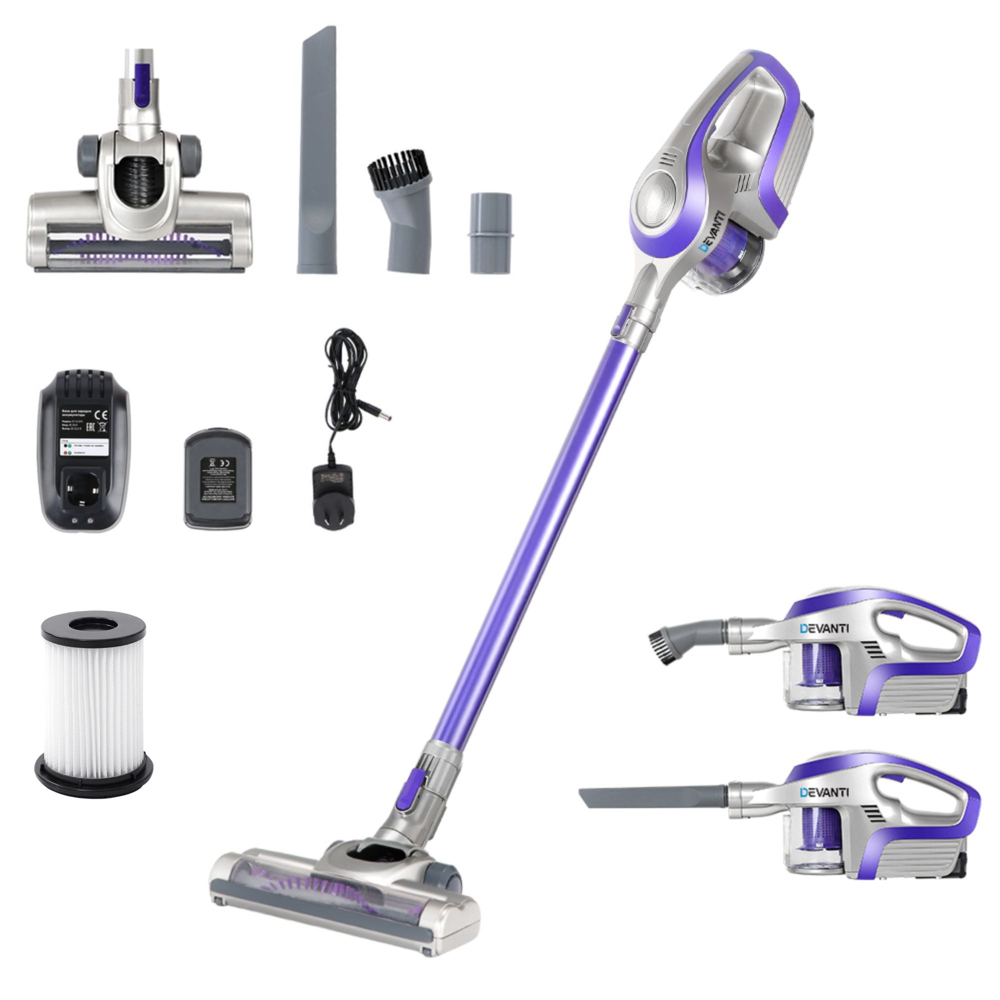 Devanti Bagless Cordless Stick Vacuum Cleaner 150W Purple