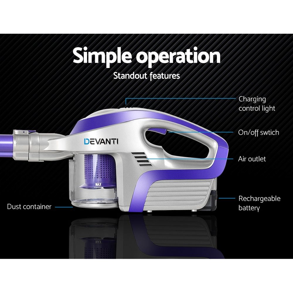 Devanti Bagless Cordless Stick Vacuum Cleaner 150W Purple view 4