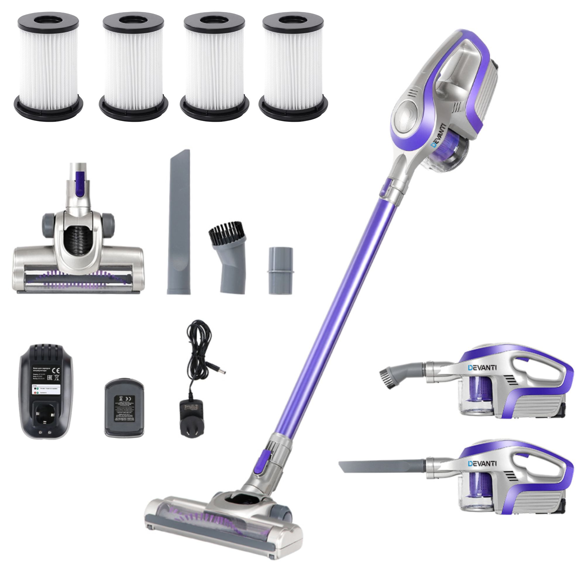 Devanti Cordless Stick Vacuum Cleaner HEPA Filter 150W Purple