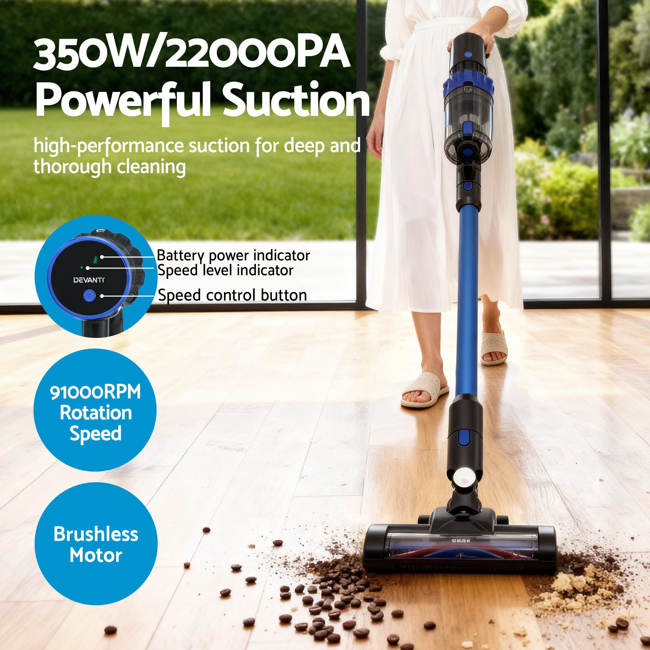 Devanti Brushless Cordless Stick Vacuum Cleaner 350W Blue view 2