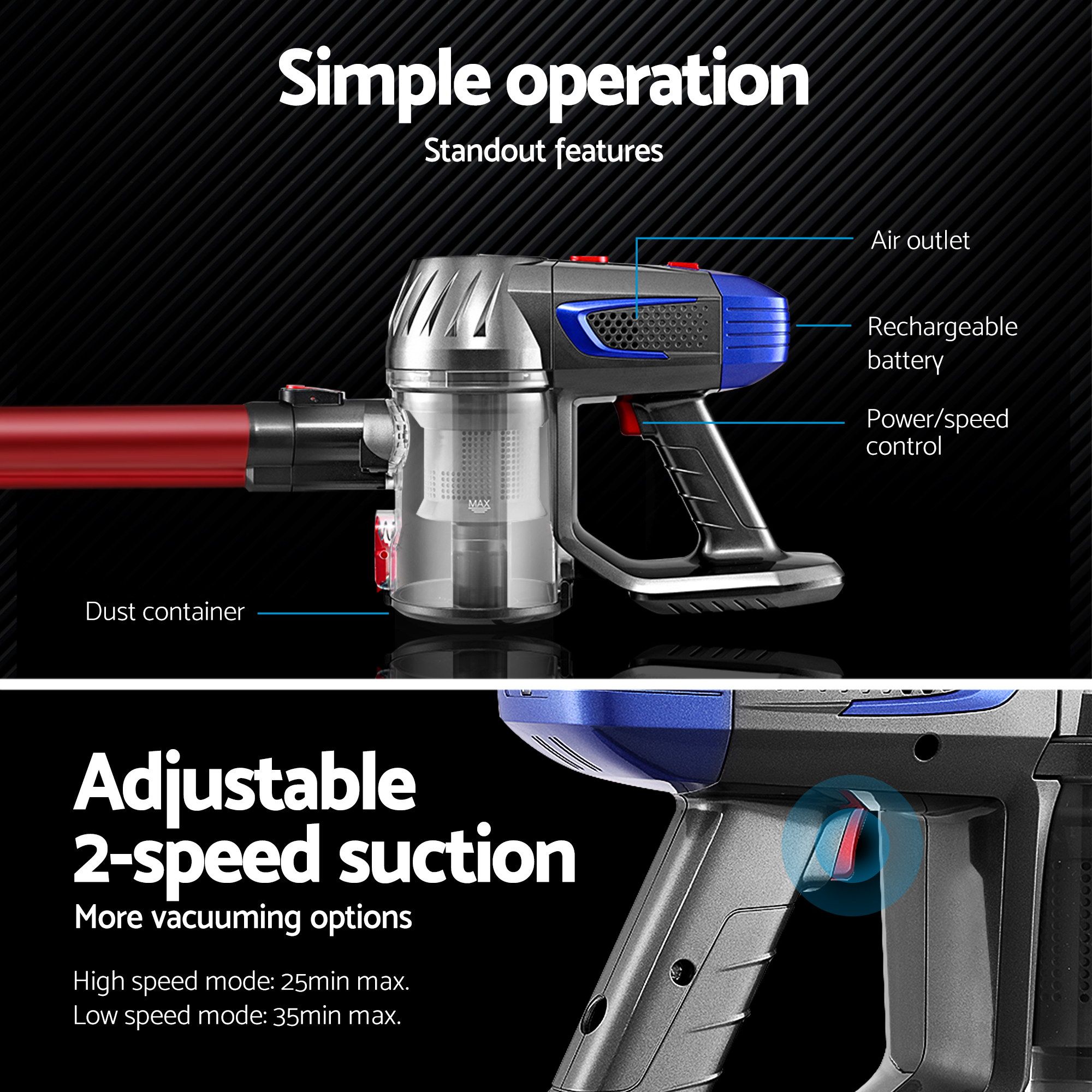 Devanti Bagless Cordless Stick Vacuum Cleaner 150W 2-Speed view 3