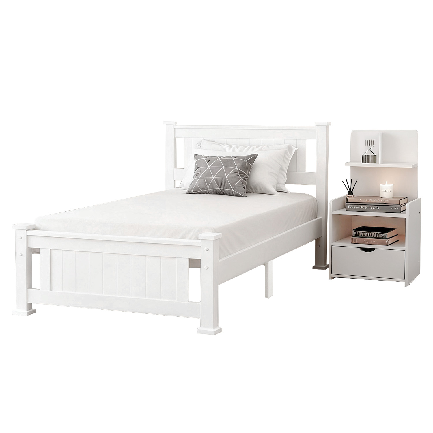 Artiss Rio King Single Bed Frame & Bedside Drawer, White