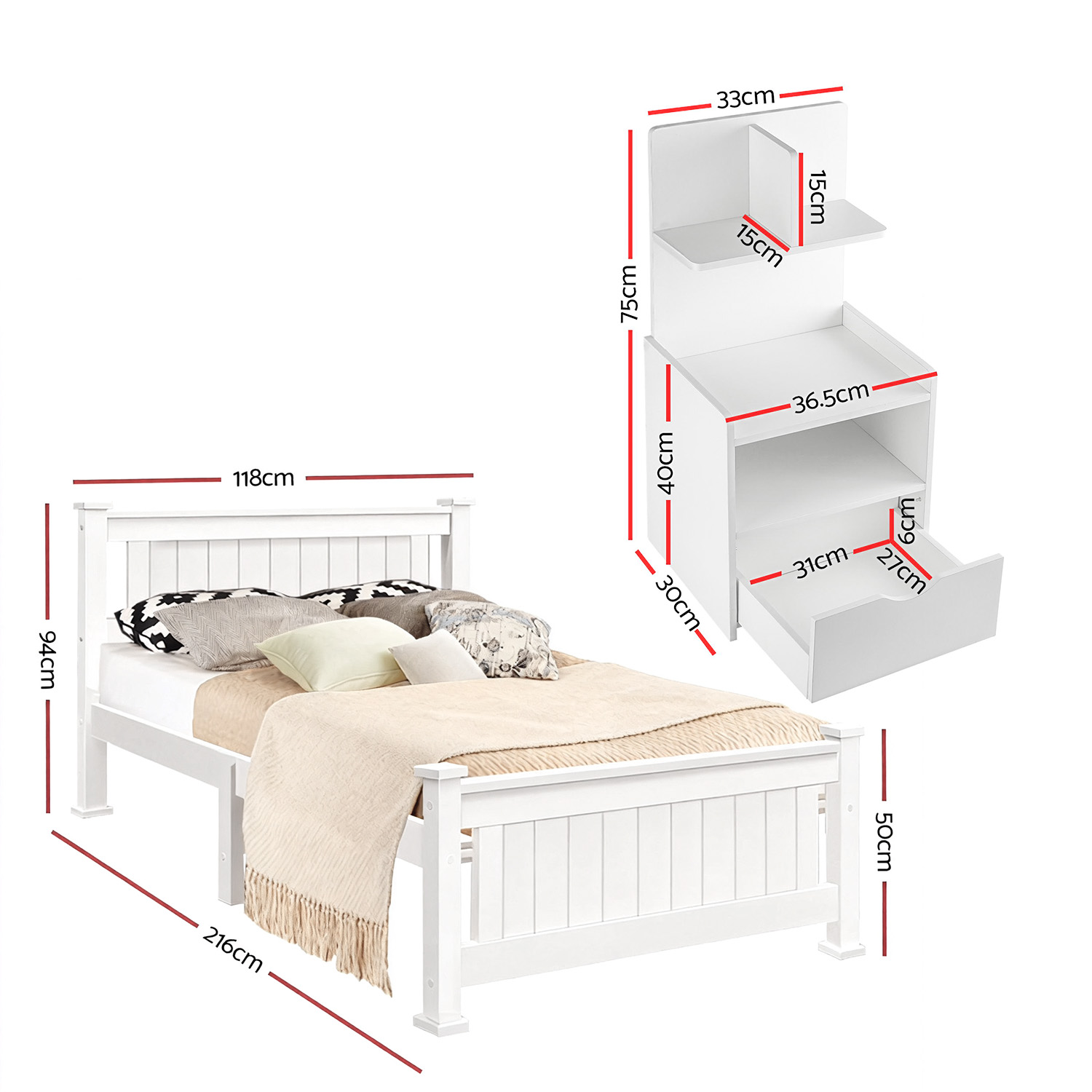 Artiss Rio King Single Bed Frame & Bedside Drawer, White view 2