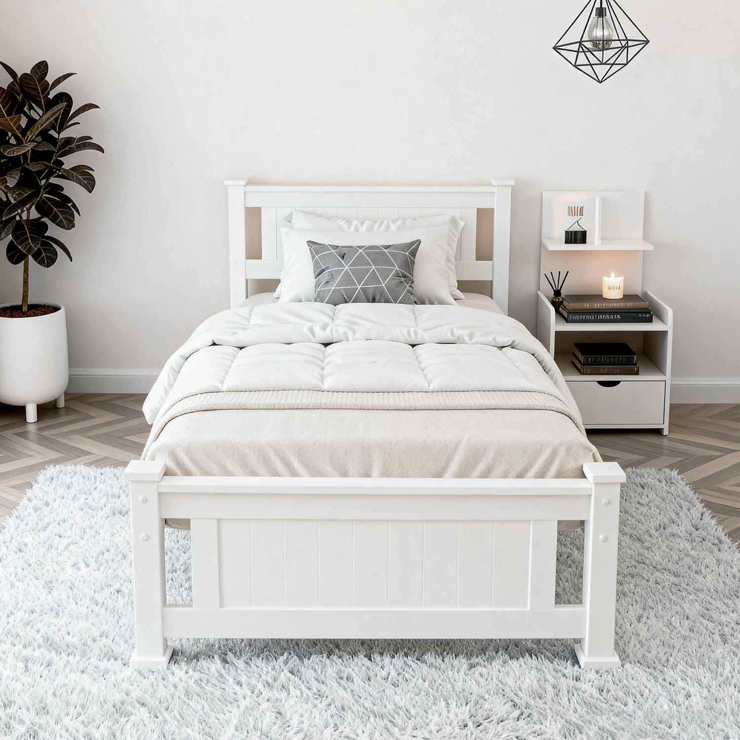 Artiss Rio King Single Bed Frame & Bedside Drawer, White view 3