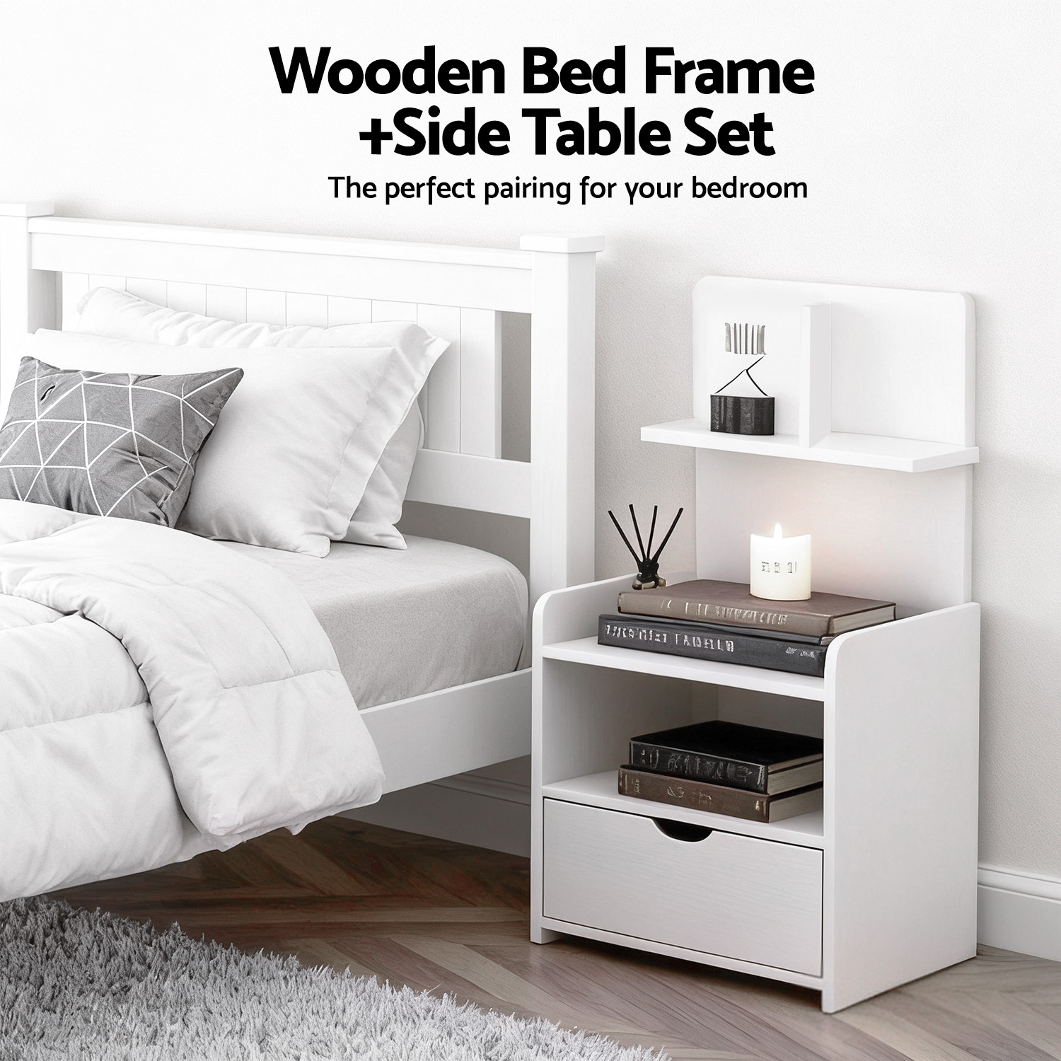 Artiss Rio King Single Bed Frame & Bedside Drawer, White view 5