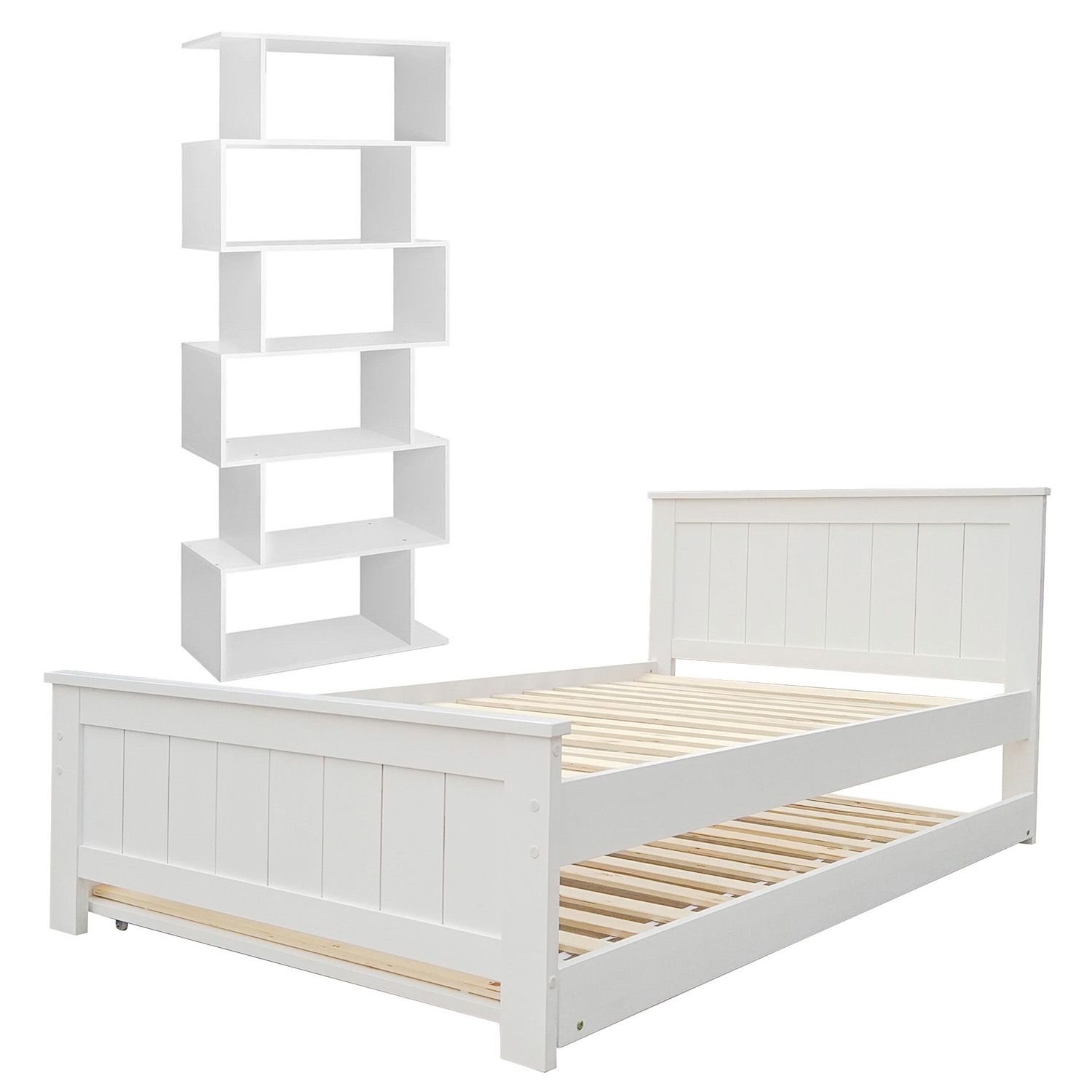 Artiss Elvis Trundle Bed Frame & Display Shelf Set