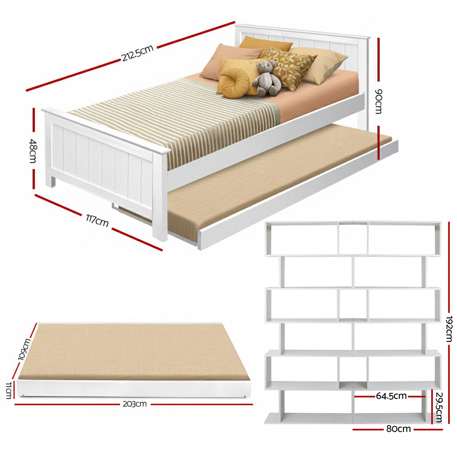 Artiss Elvis Trundle Bed Frame & Display Shelf Set view 2