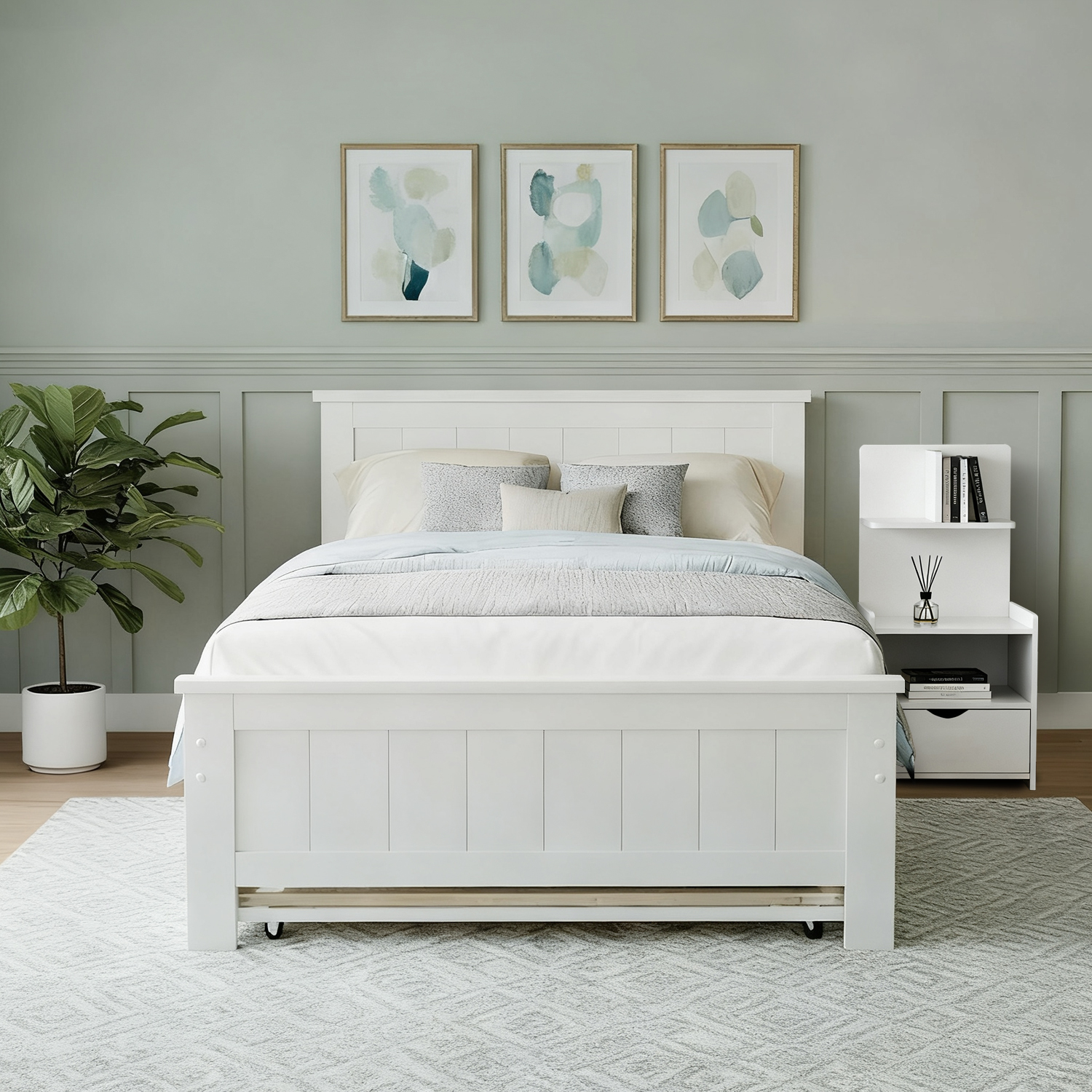 Artiss Trundle King Single Bed Frame & Bedside Drawer, White