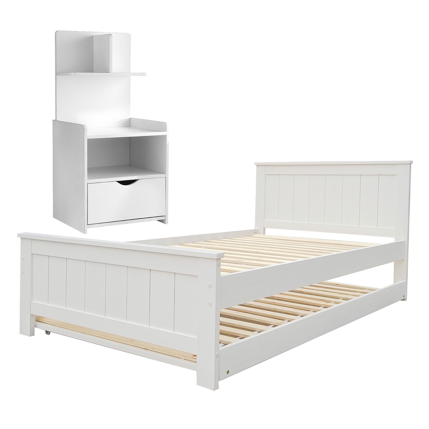 Artiss Trundle King Single Bed Frame & Bedside Drawer, White view 2