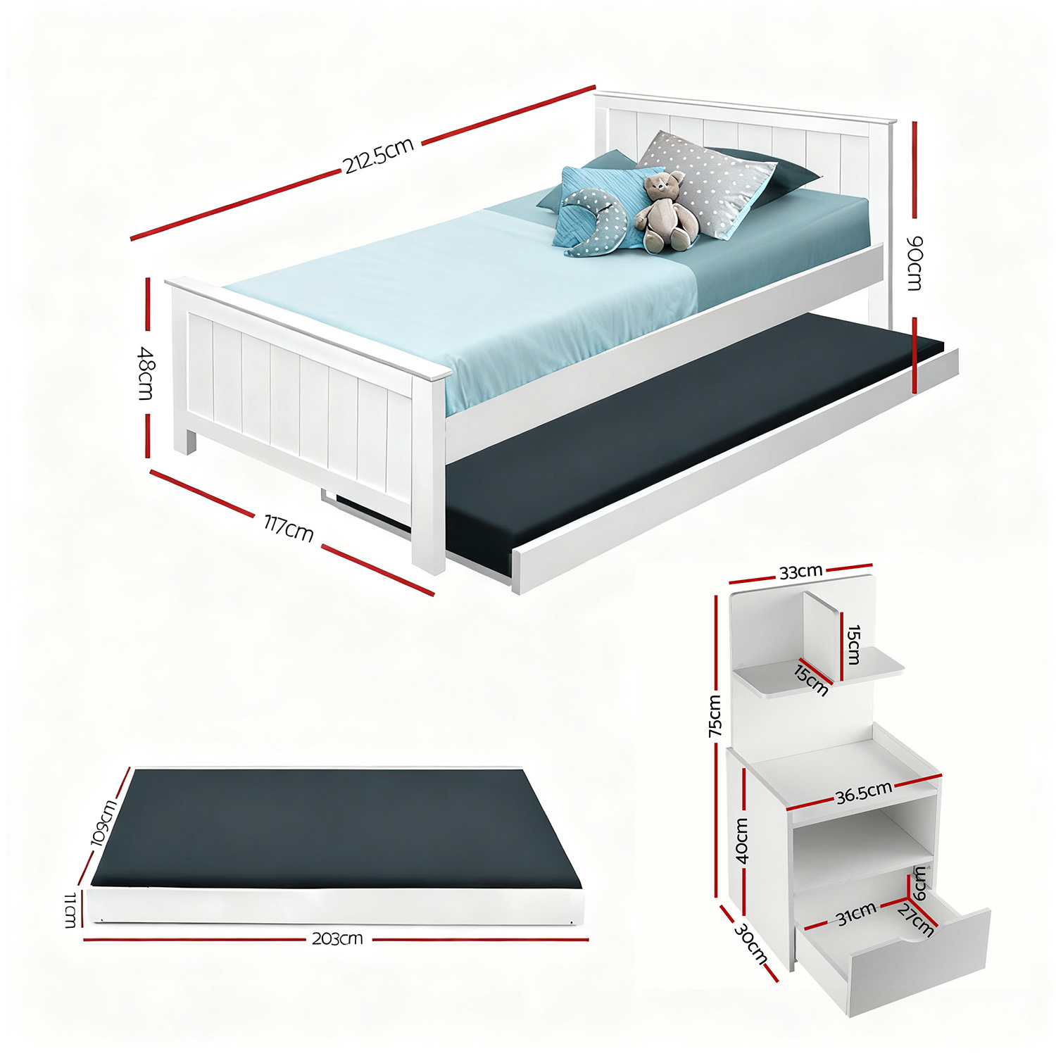 Artiss Trundle King Single Bed Frame & Bedside Drawer, White view 3