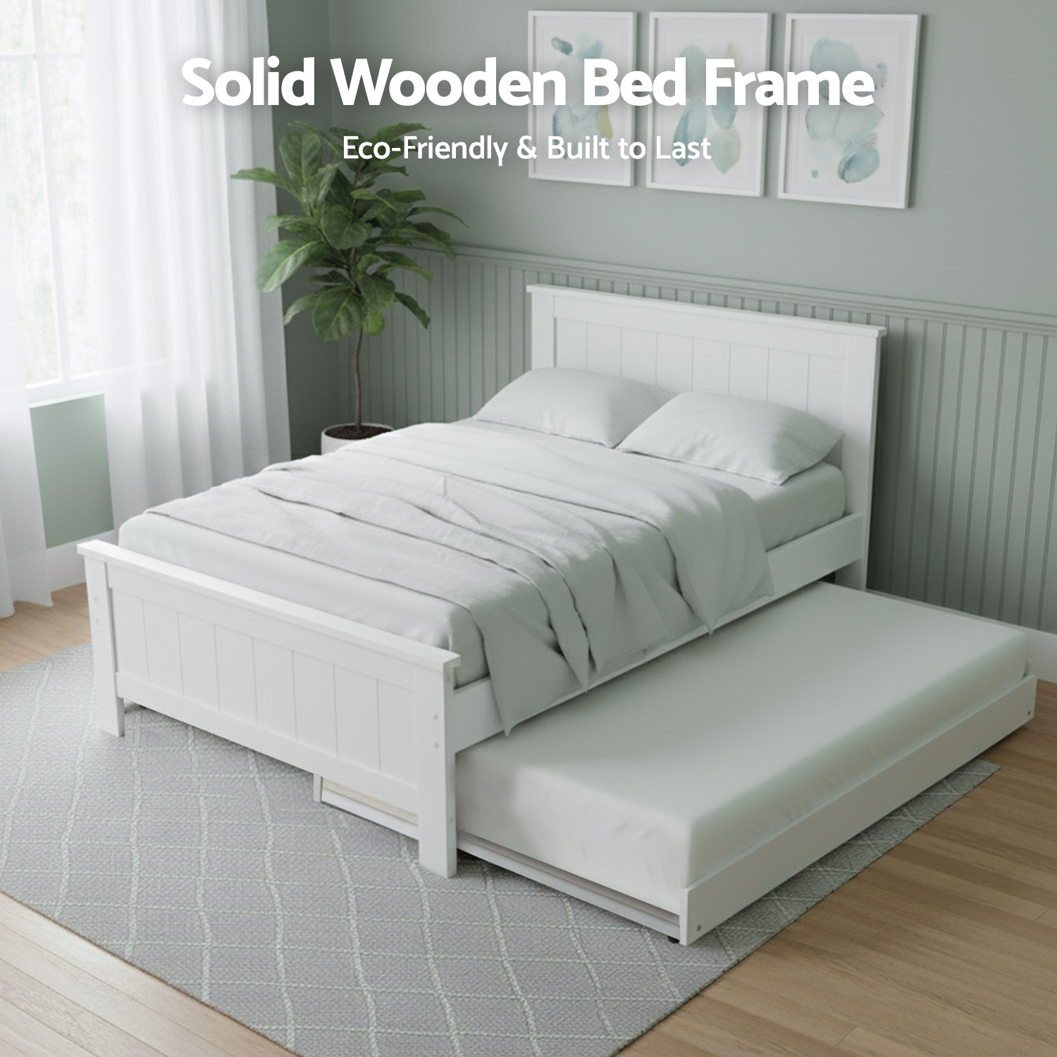 Artiss Trundle King Single Bed Frame & Bedside Drawer, White view 5