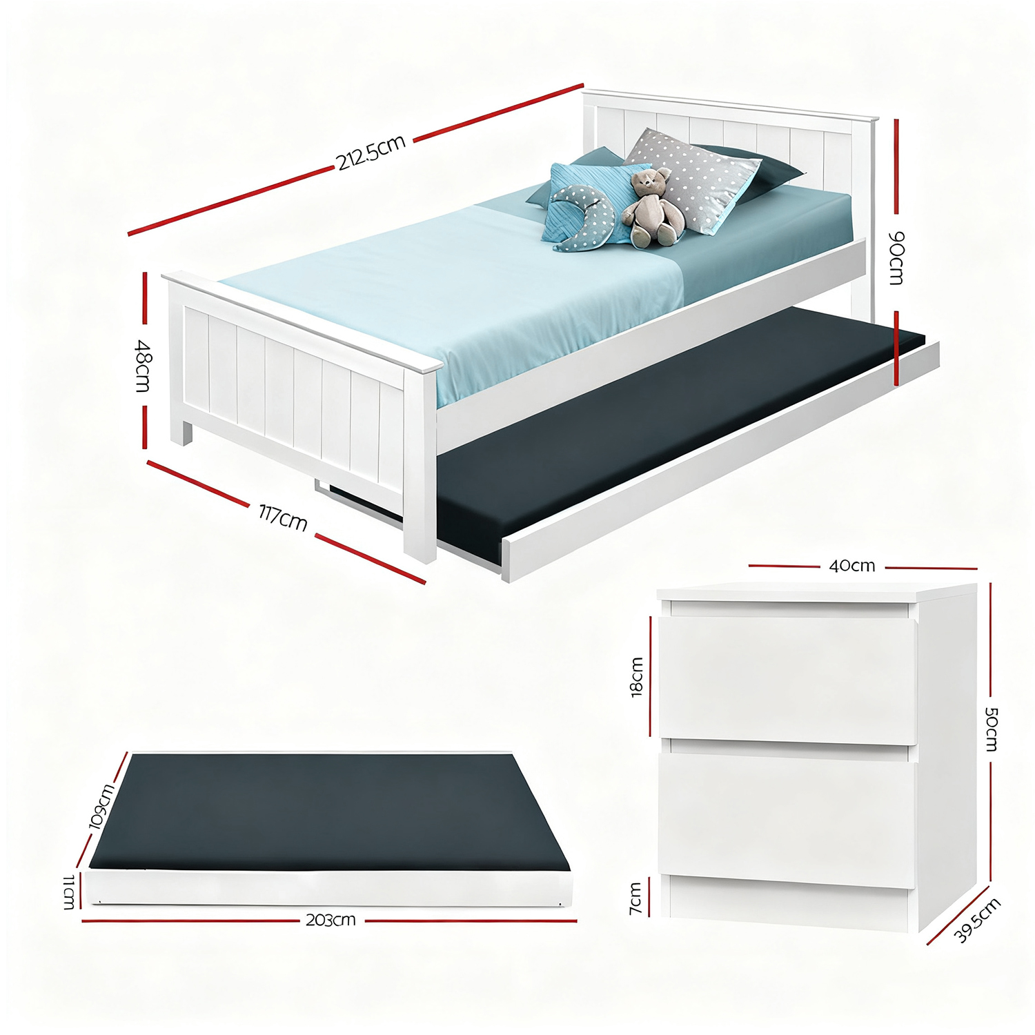 Artiss Elvis Trundle King Single Bed Frame & Pepe Bedside Table view 3