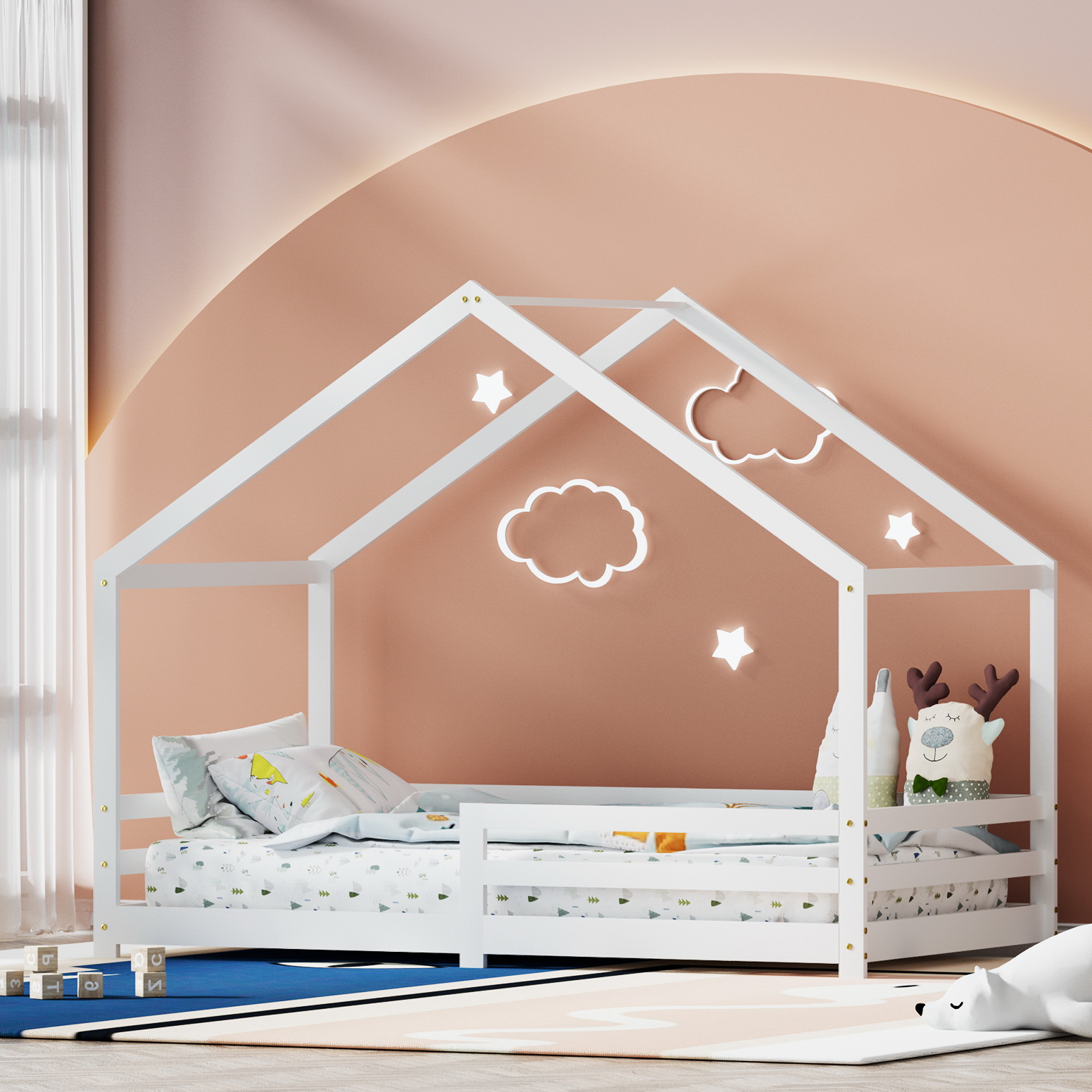 Artiss AMOS Wooden Kids House Bed Frame, White