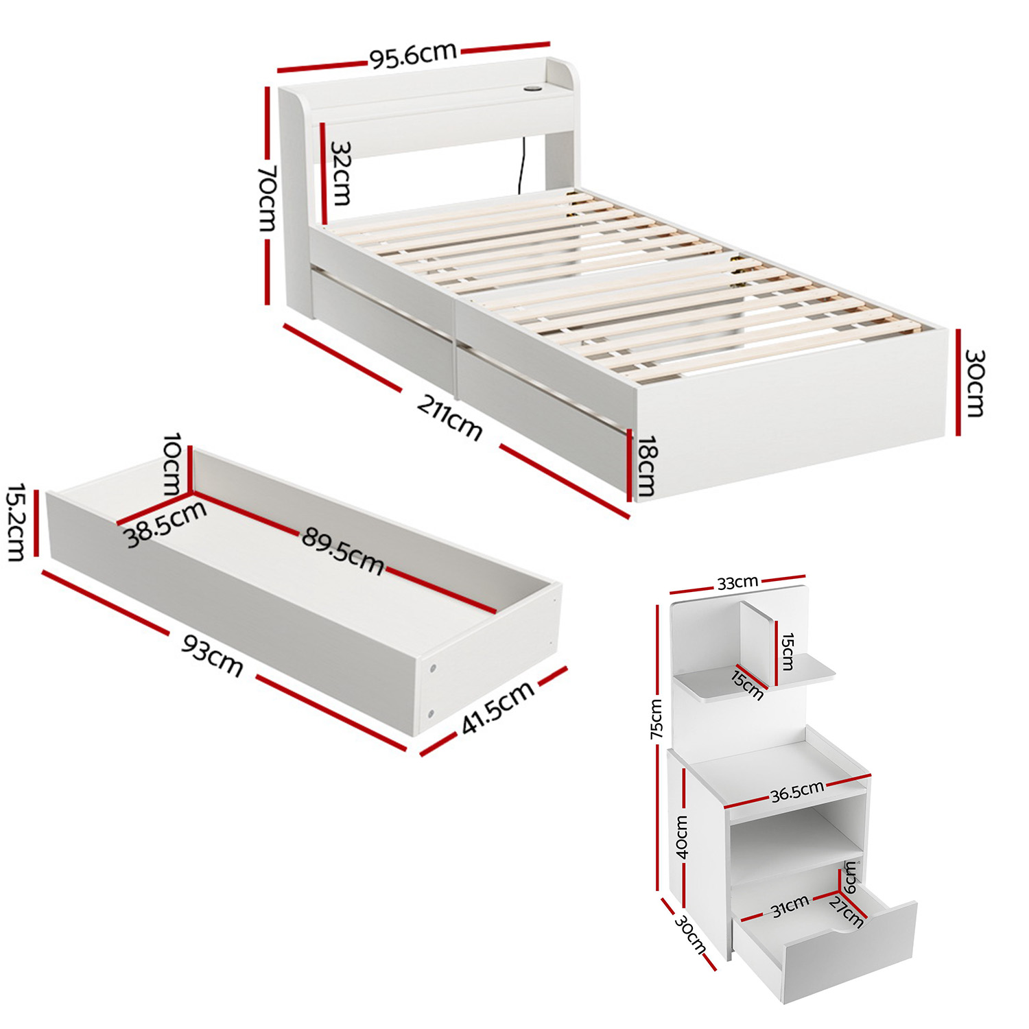 Artiss Aura Single Bed Frame with Charging Ports and Table view 2