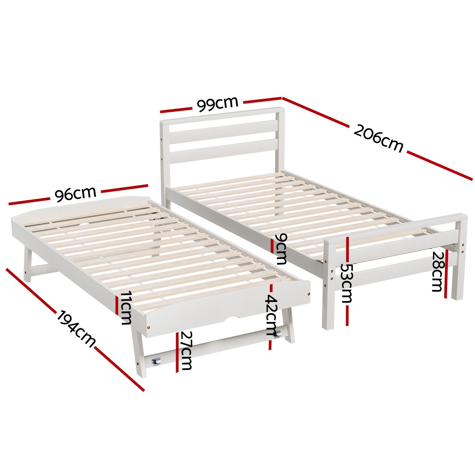 Artiss AVIS 2-in-1 Trundle Bed Frame, White view 2