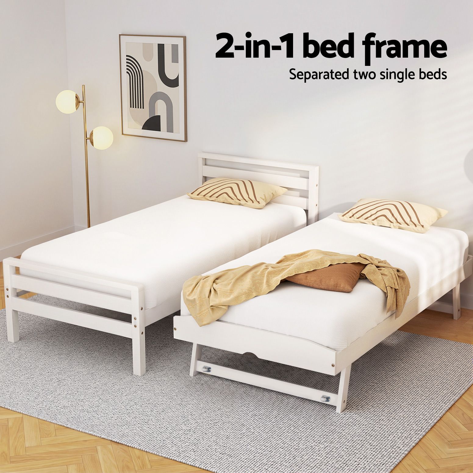 Artiss AVIS 2-in-1 Trundle Bed Frame, White view 4