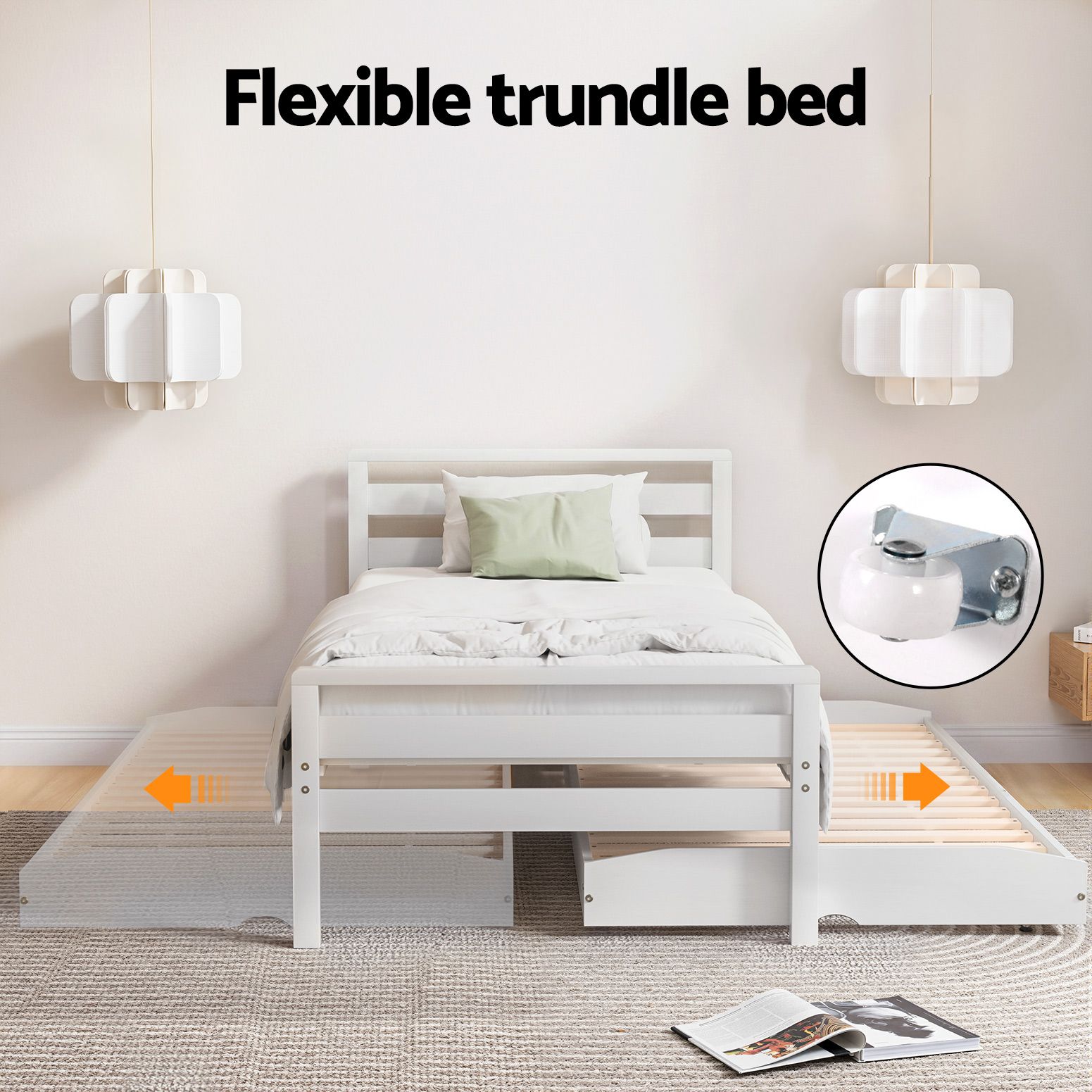 Artiss AVIS 2-in-1 Trundle Bed Frame, White view 5