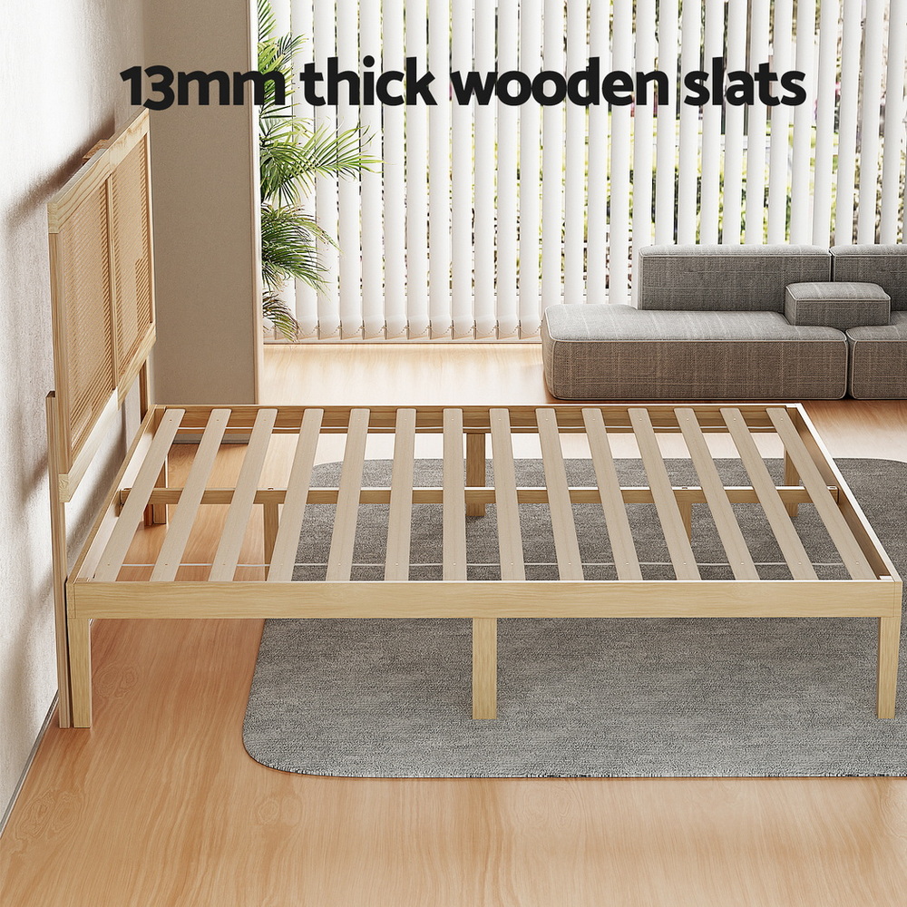 Artiss BRUNO Bed Frame with Rattan Headboard, Wooden view 4