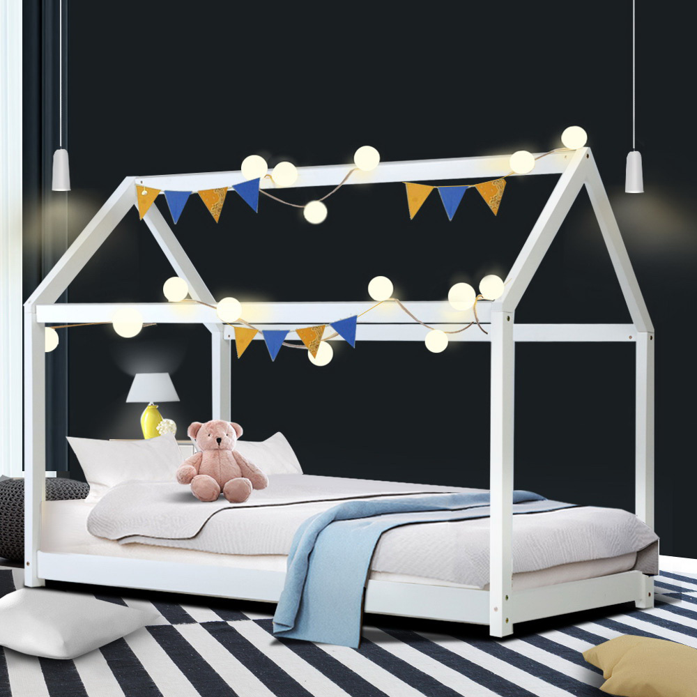 Artiss CASA Wooden Kids House Bed Frame, White view 2