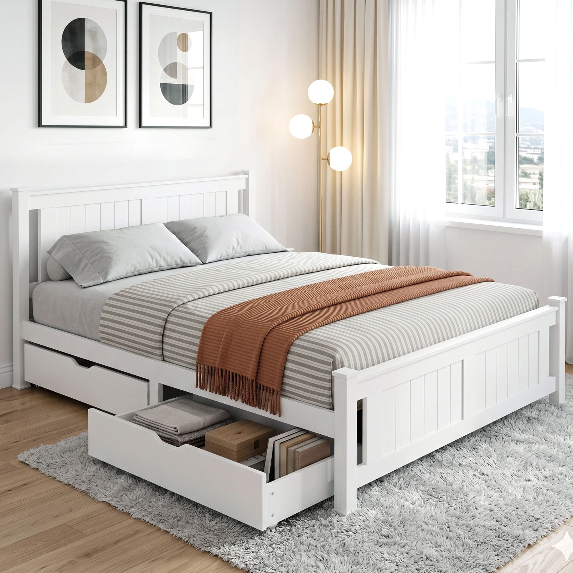 Artiss RIO Wooden Bed Frame with Storage Drawers, White