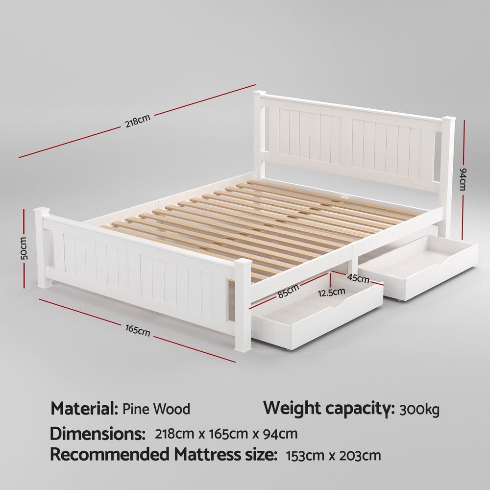 Artiss RIO Wooden Bed Frame with Storage Drawers, White view 2