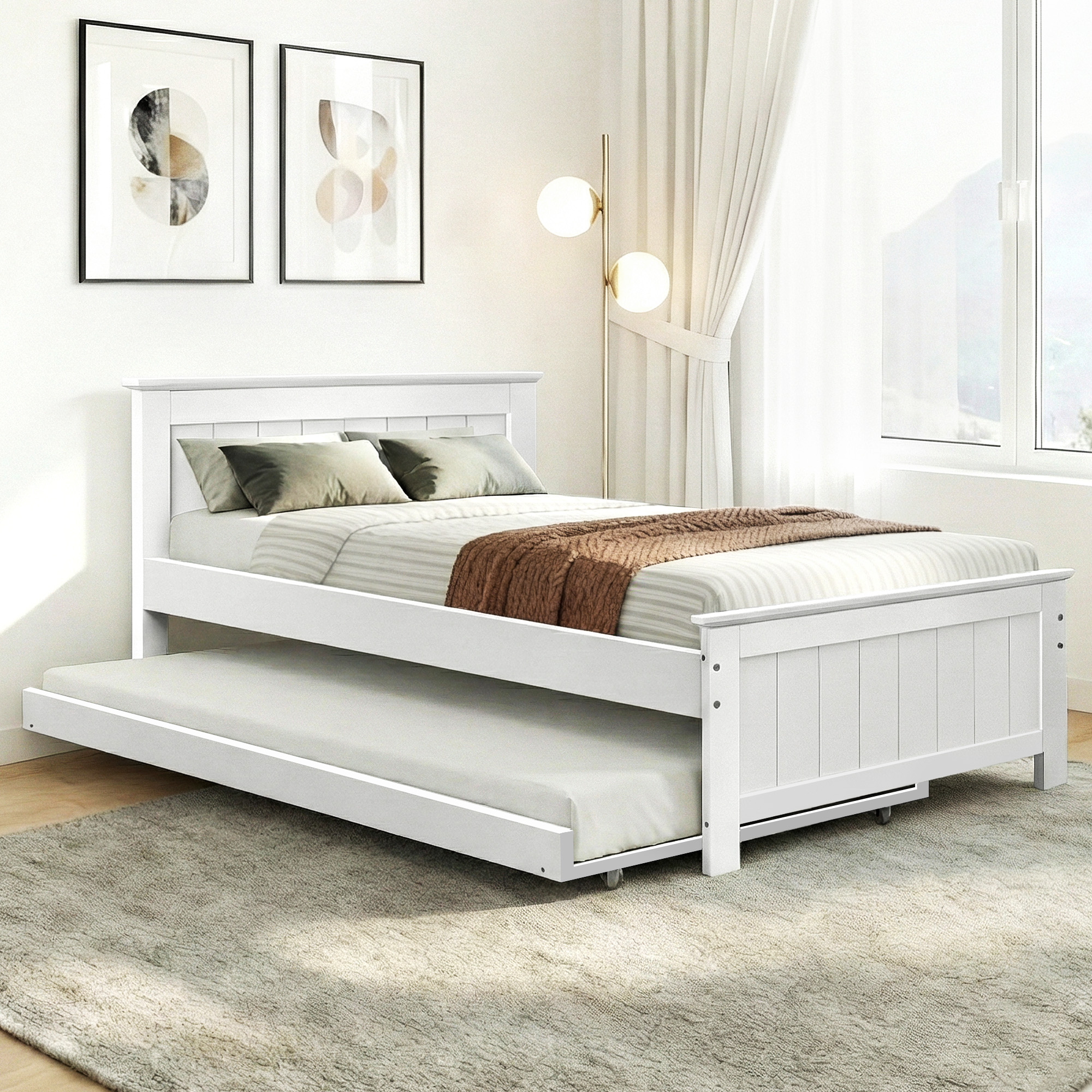 Artiss Elvis Wooden Trundle Bed Frame, White