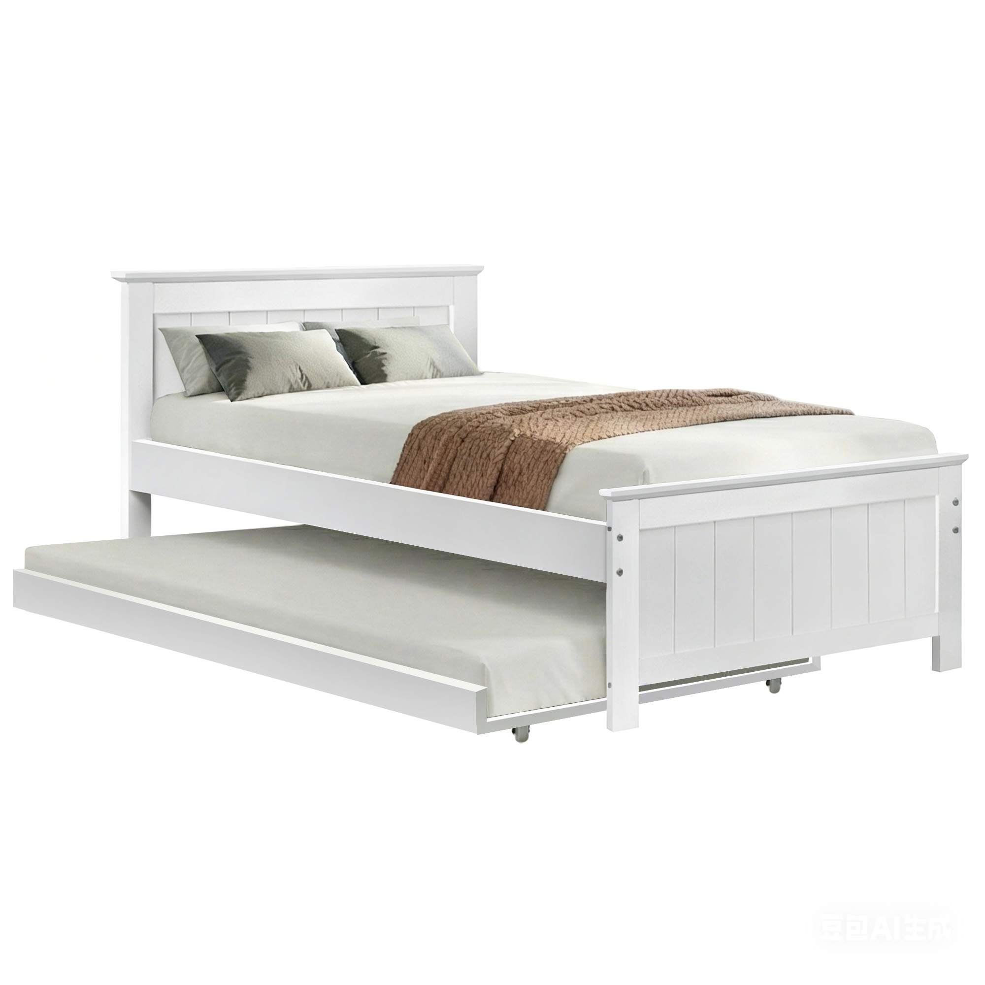 Artiss Elvis Wooden Trundle Bed Frame, White view 2