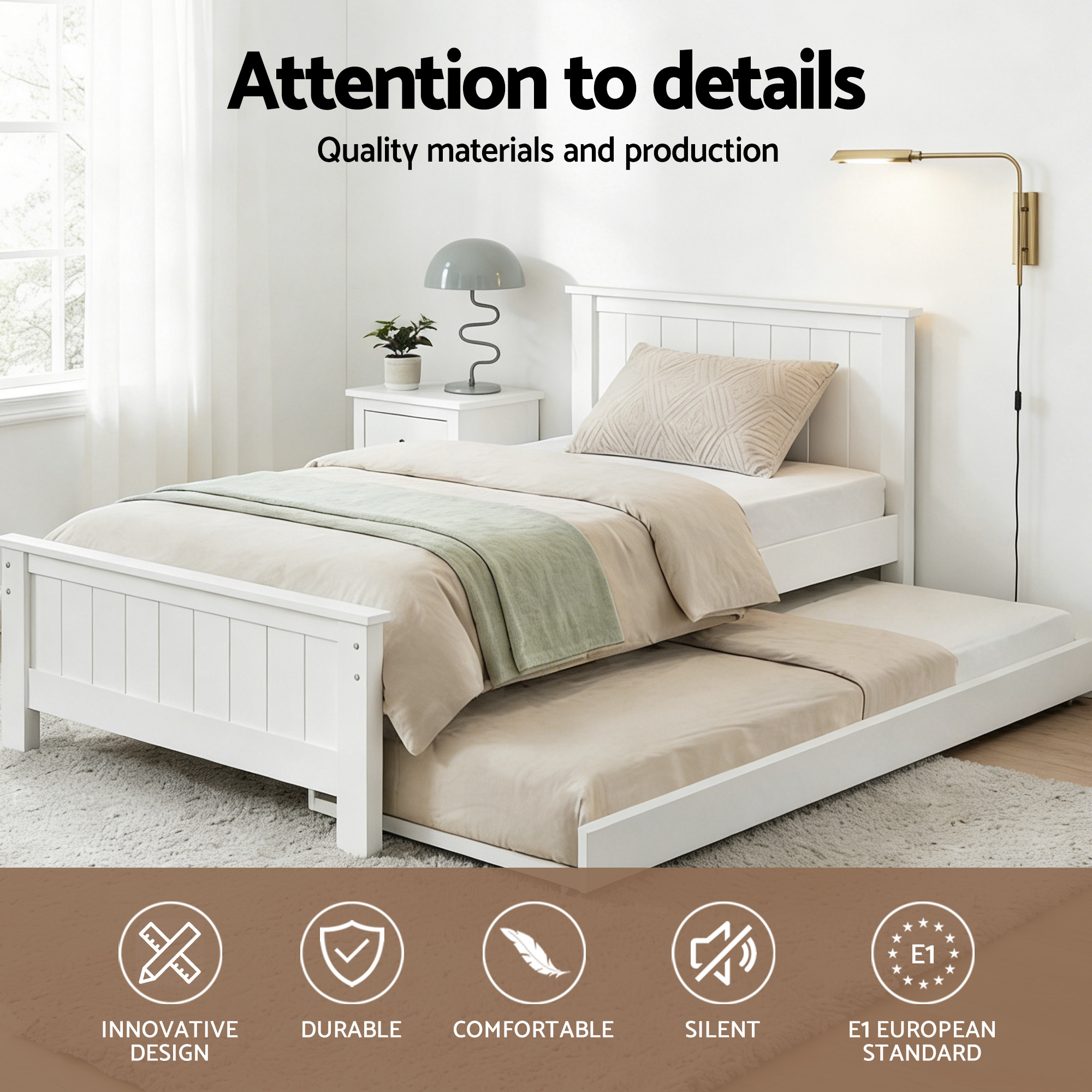 Artiss Elvis Wooden Trundle Bed Frame, White view 5
