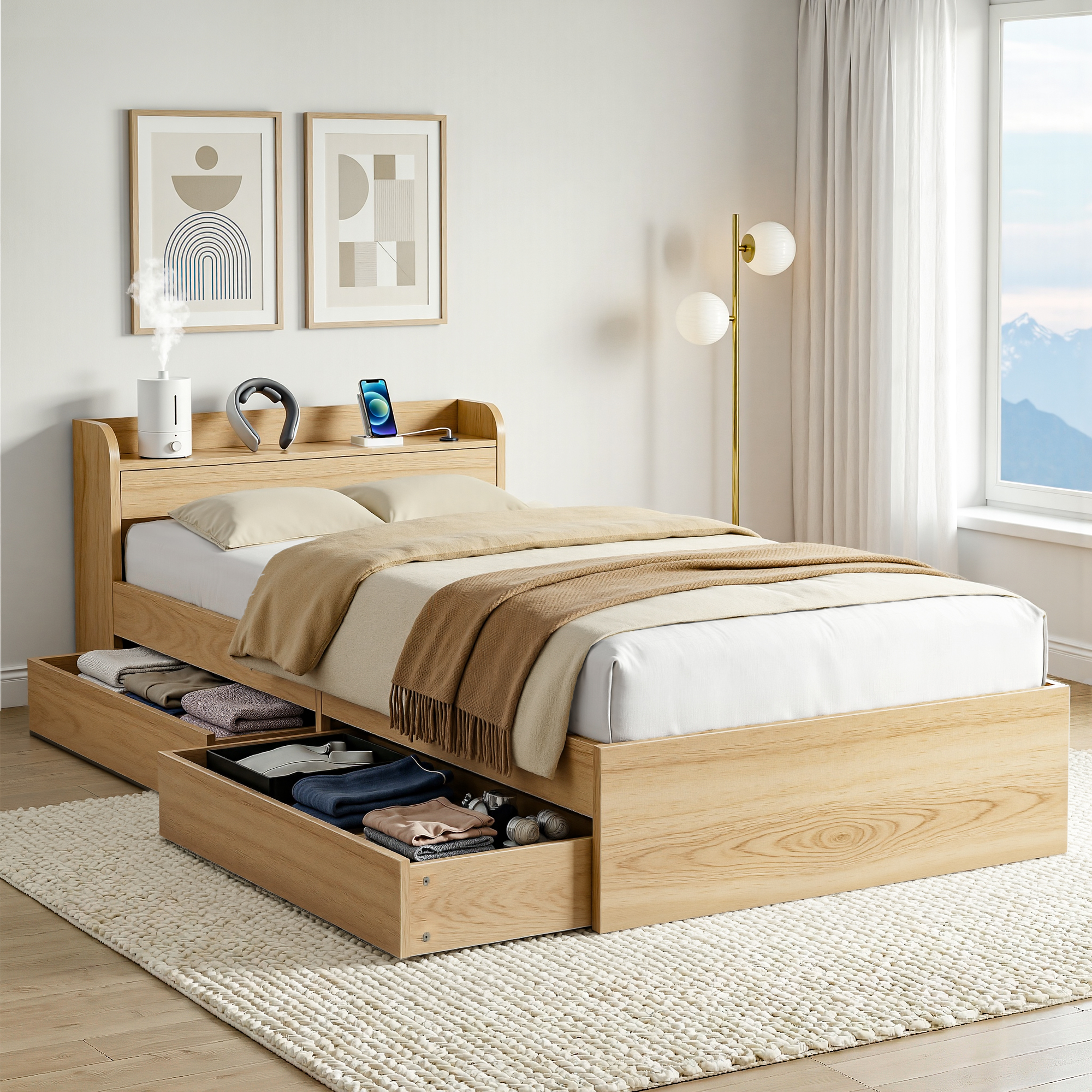 Artiss Aura Single Bed Frame with 2 Drawers and USB Ports