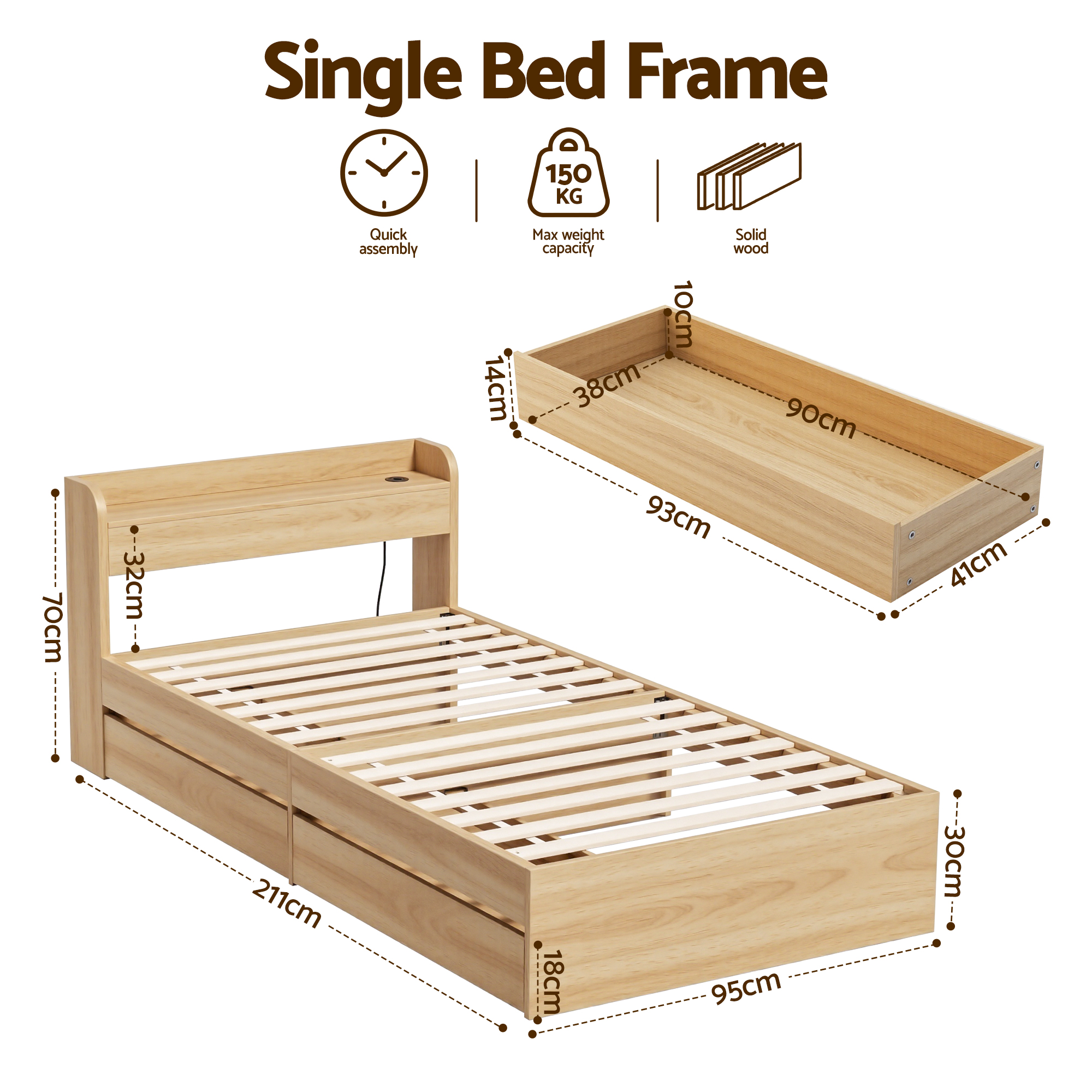 Artiss Aura Single Bed Frame with 2 Drawers and USB Ports view 2