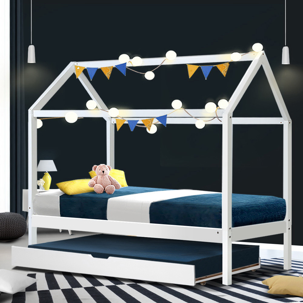 Artiss HOLY Wooden Trundle Daybed House Bed Frame, White