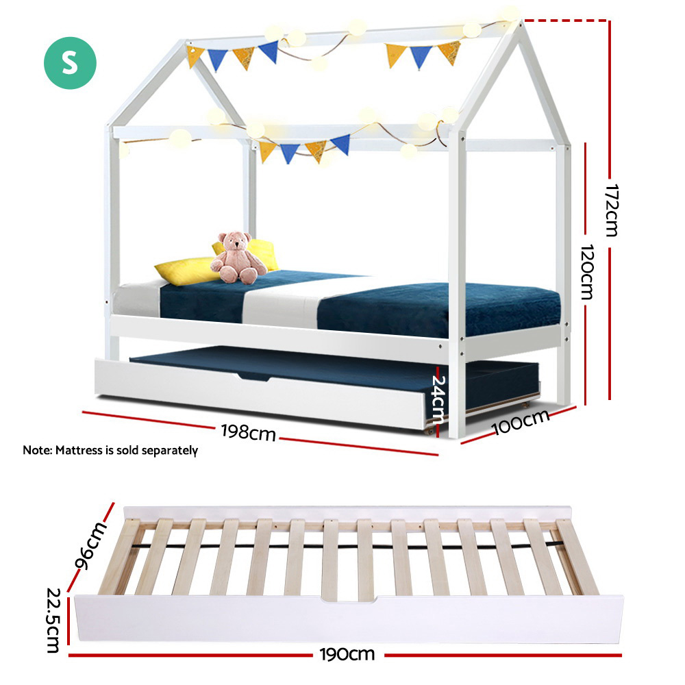 Artiss HOLY Wooden Trundle Daybed House Bed Frame, White view 2