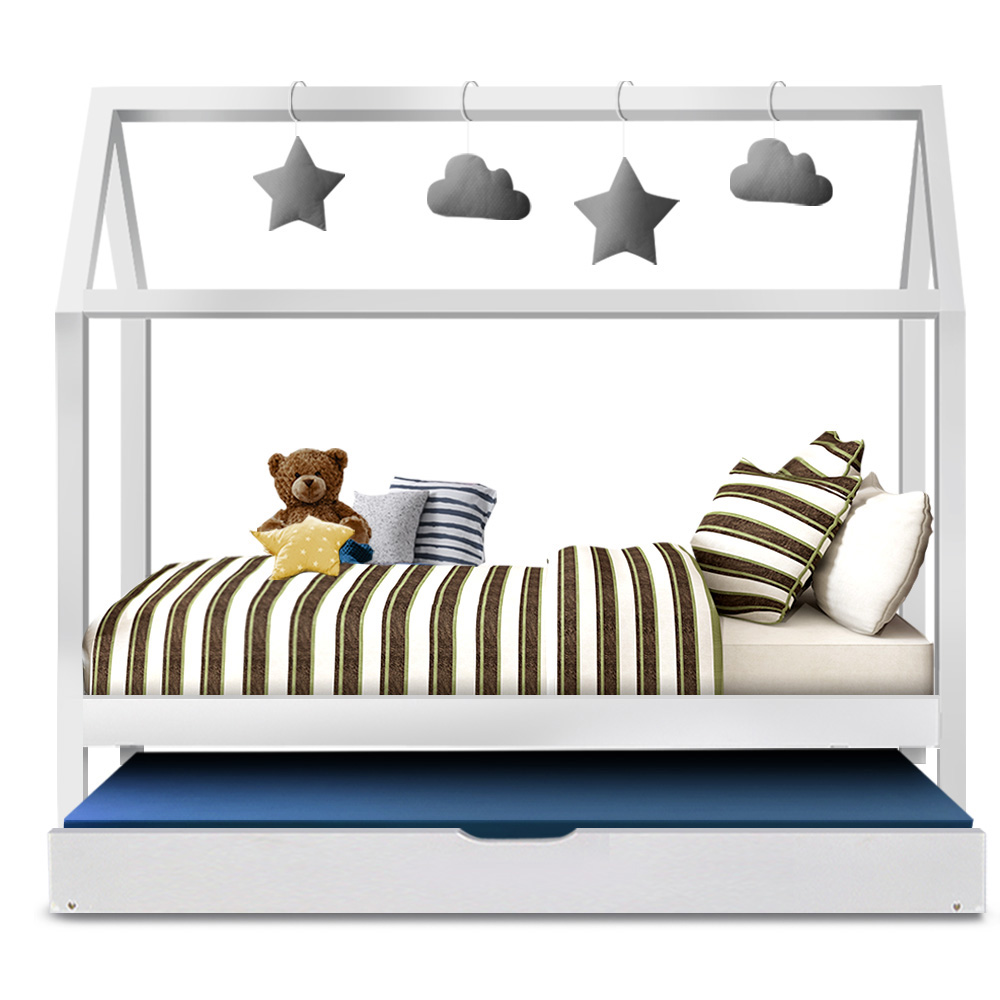 Artiss HOLY Wooden Trundle Daybed House Bed Frame, White view 3