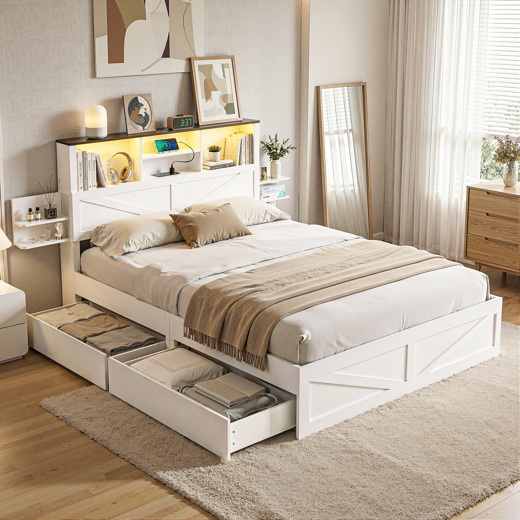 Artiss Double Bed Frame with Bookcase Headboard & Storage, White