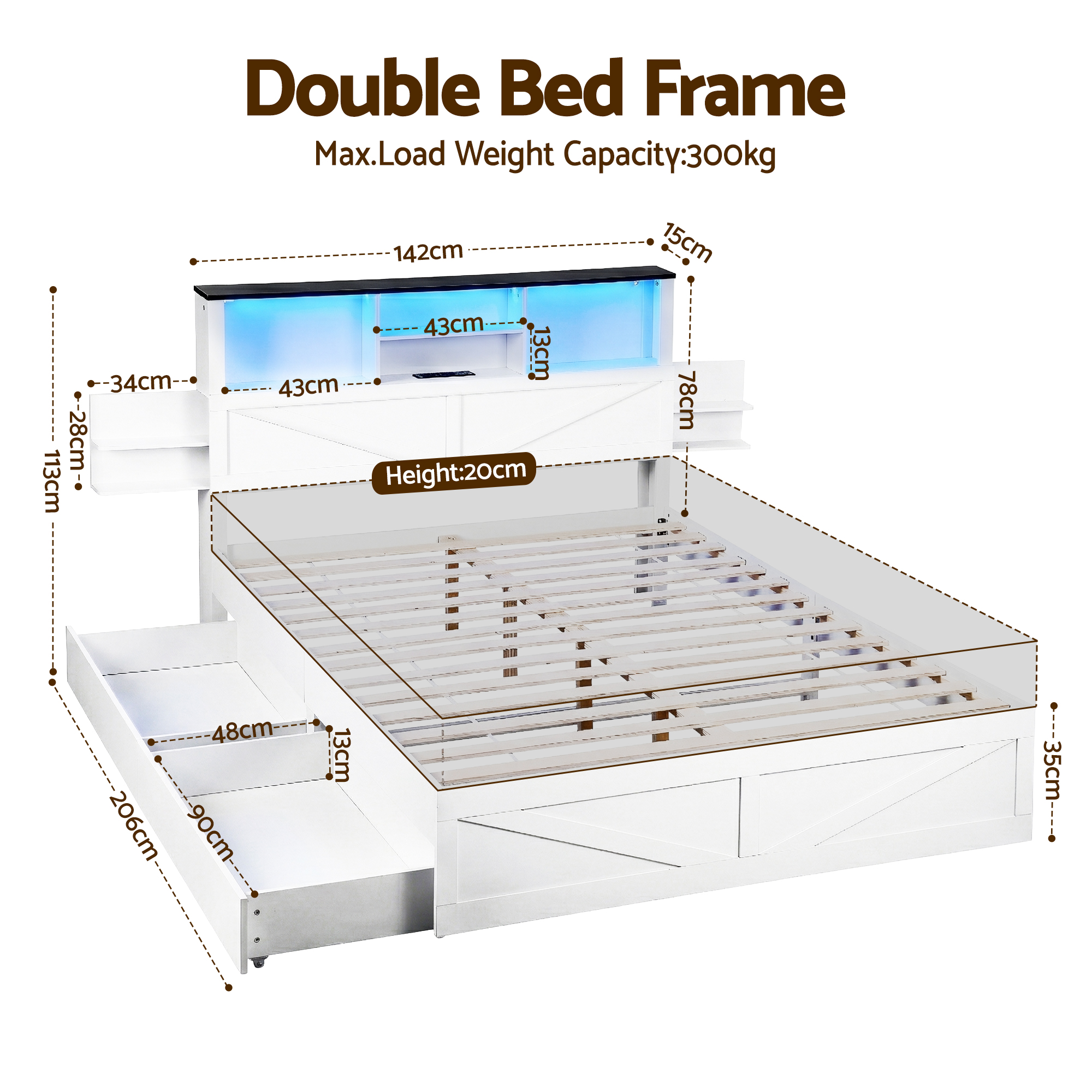 Artiss Double Bed Frame with Bookcase Headboard & Storage, White view 2