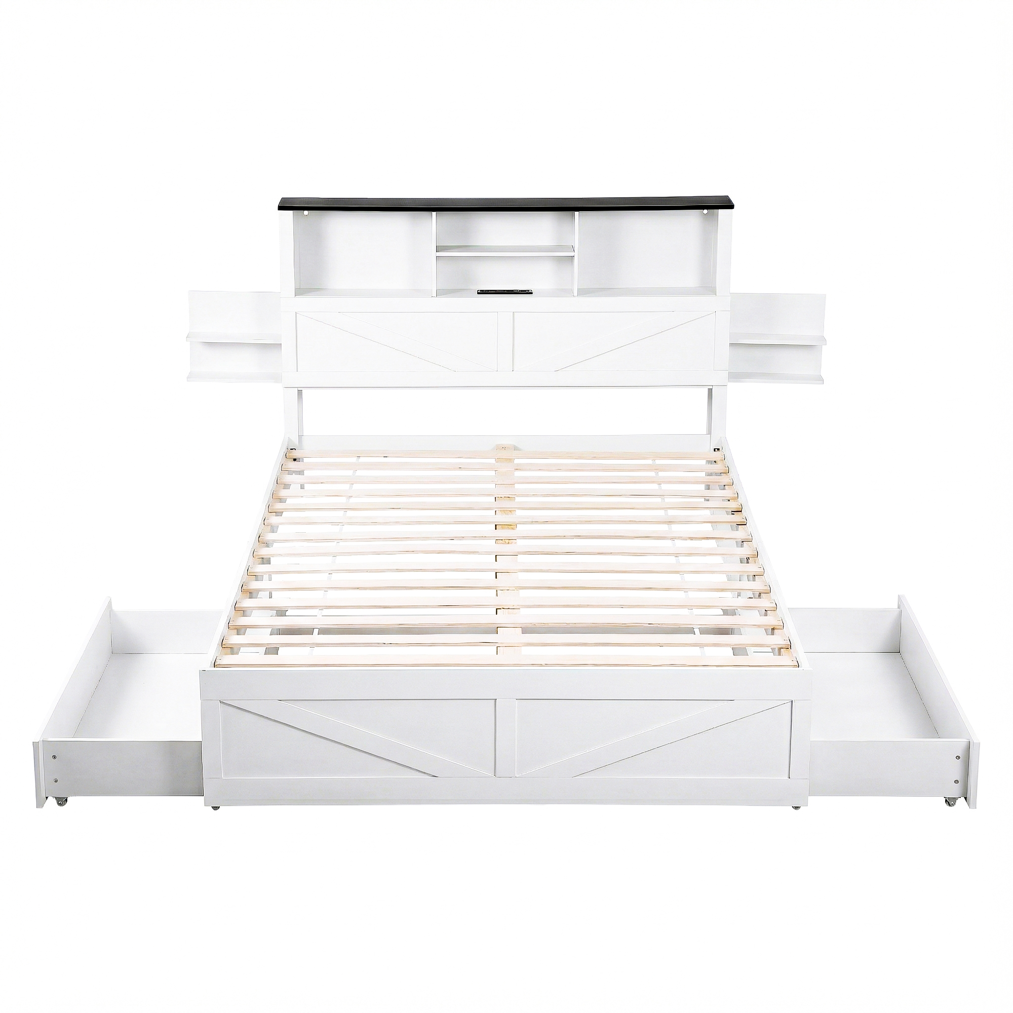 Artiss Double Bed Frame with Bookcase Headboard & Storage, White view 3