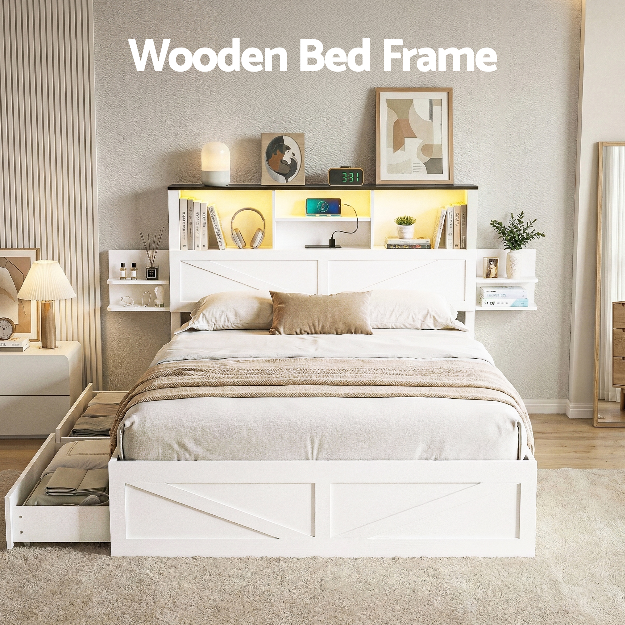Artiss Double Bed Frame with Bookcase Headboard & Storage, White view 4
