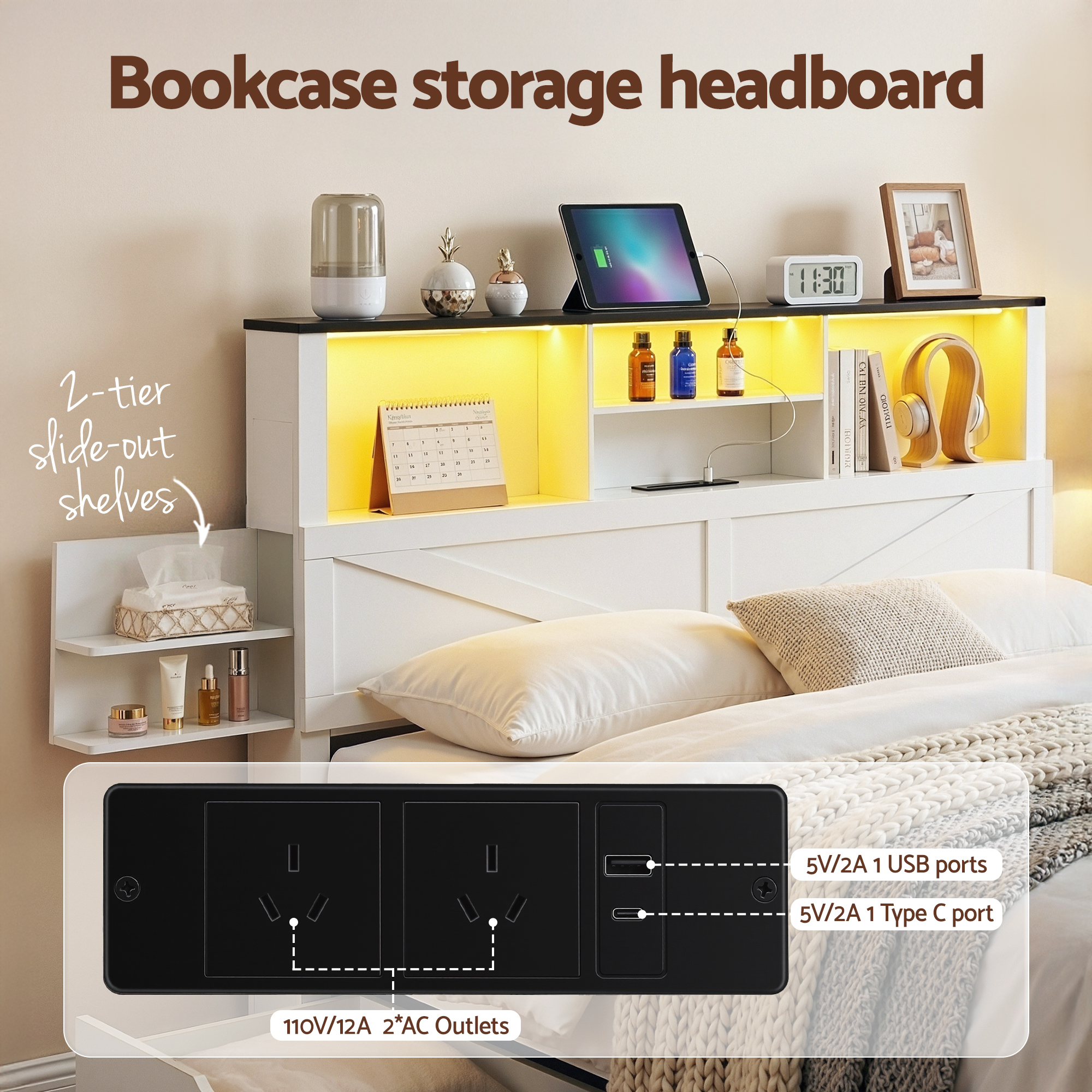 Artiss Double Bed Frame with Bookcase Headboard & Storage, White view 5